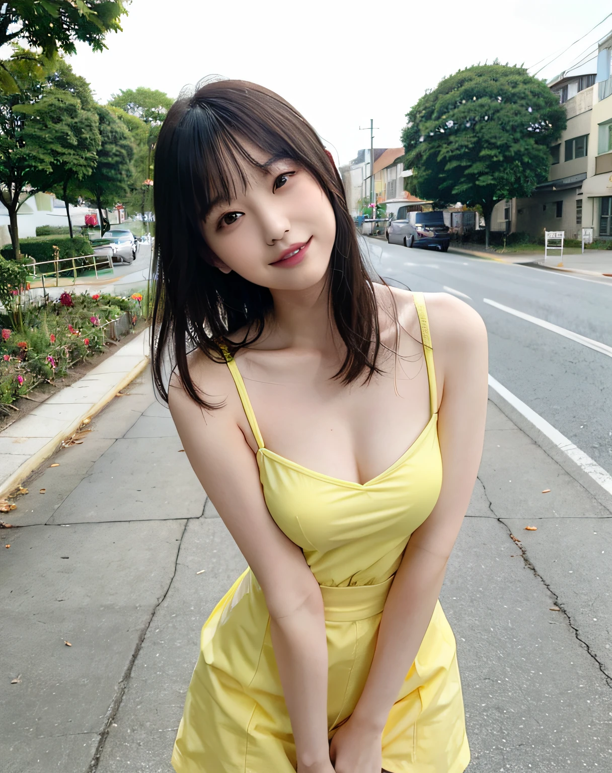 Woman posing on street corner、top-quality、女の子 1 a person、middlebreasts、tag、with light glowing、blur backgroun、bokeh dof、outside of house、(Street:0.8)、(a person々、Large crowds:1、A slender、large full breasts、Sleeveless、White camisole、Clothes that adhere perfectly to the body、Watching the viewer、Yellow Miniskirt、a gorgeous(Straight and shiny straight hair、Hair up to the waist、Forehead:0.8)、Beautiful sky with details、耳Nipple Ring、A slender、Sareme、 (above knee)、Soft lighting、glowy skin、A smile、The wind is blowing、