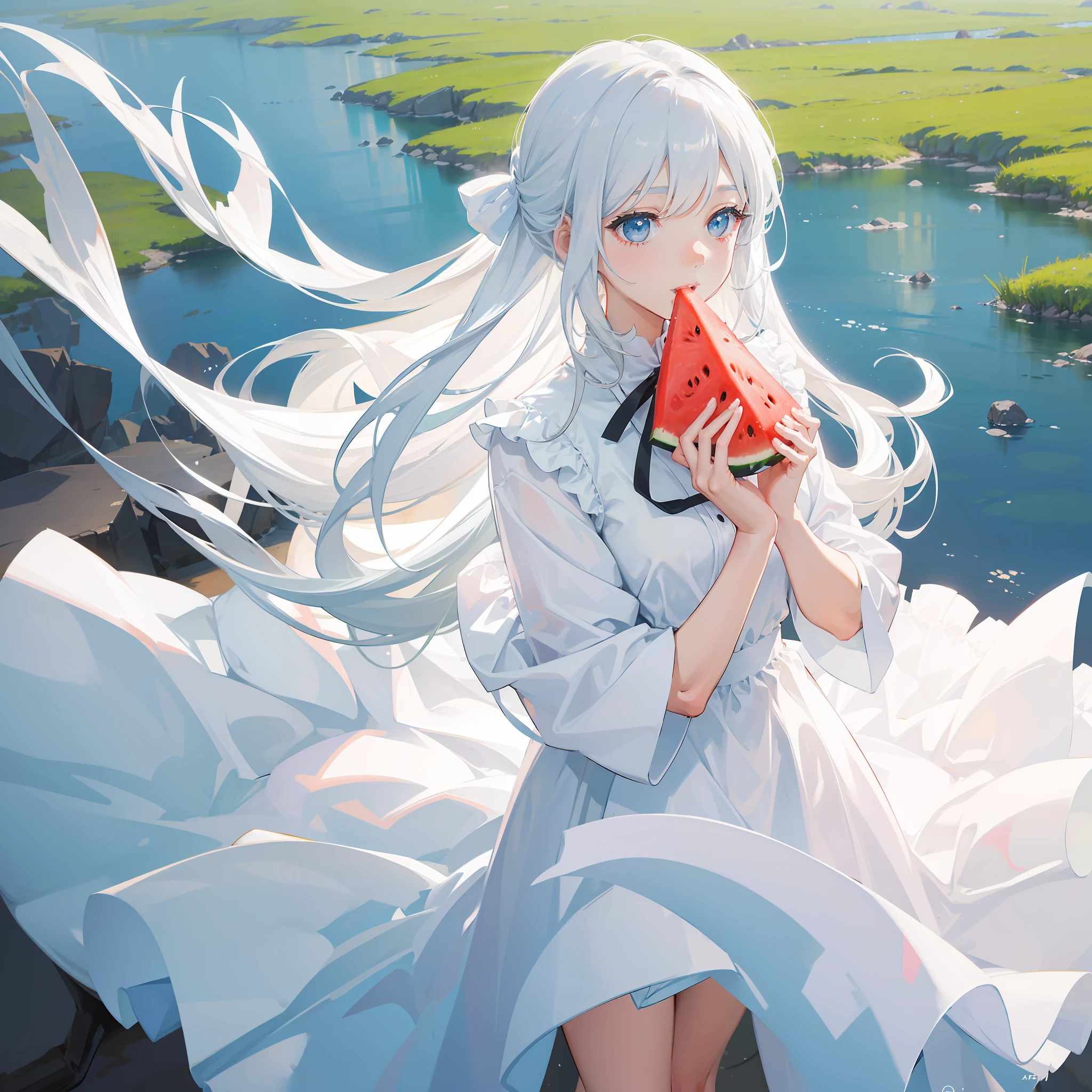 Girl in a dream。I have long silver hair。I'm wearing a white dress。Eyes are light blue。Eating watermelon。It is an illustration of the highest quality。It is a beautiful illustration。