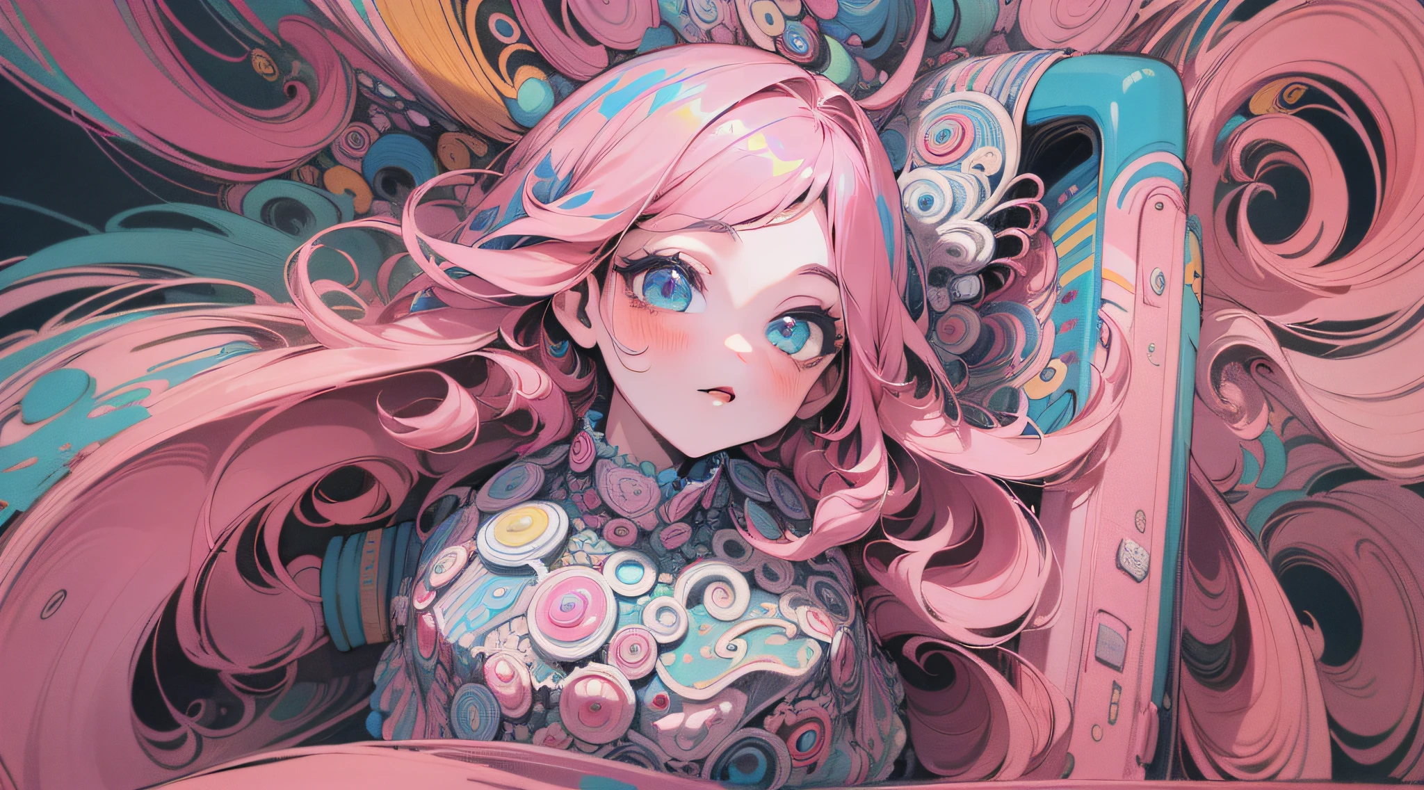 ((masterpiece:1.2, best quality)), ultra detailed, Ultra-precise depiction, Ultra-detailed depiction, (zentangle:1.2), (dynamic pose), (abstract background:1.5), wavy long hair, pink hair, 1girl, colorful, portrait, (from above:1.2)
