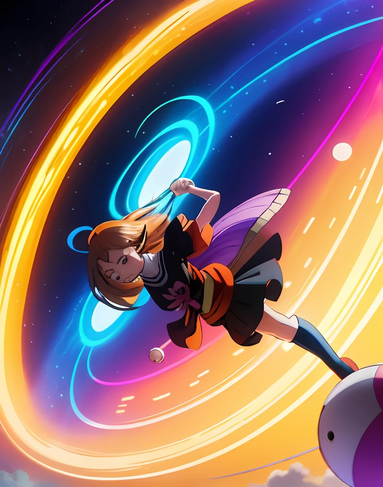 （A 5-year-old girl pinches a ball of yarn，Throw it at the rat），2D fan art，An anime cover，offcial art，flying anime esper，2d anime，Joe Jolion cover art style，2D art。
