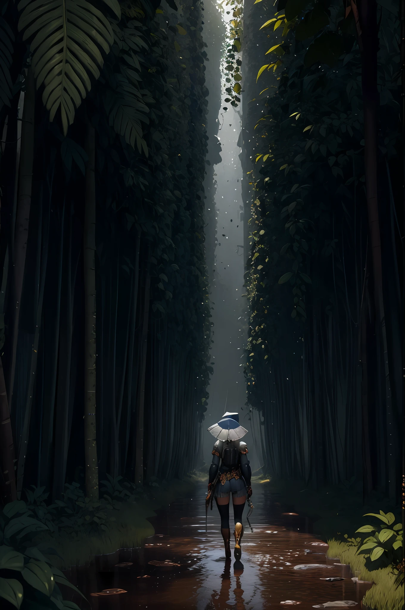 Une jungle, with intense rainfall, A beautiful woman in the center of the image, in front of a huge monochromatic golden mirror, des vignes tout autour, giant, wet trees, A masterpiece, the best quality, High quality, an extremely detailed CG unity 8k wallpaper, An award-winning photograph, Bokeh, Profondeur de champ, HDR, floraison, Aberration chromatique, photoreallistic, Extremely detailed, tendance sur artstation, tendance sur CGsociety, complexe, High detail, dramatique, Art at the halfway point, volumeric lighting