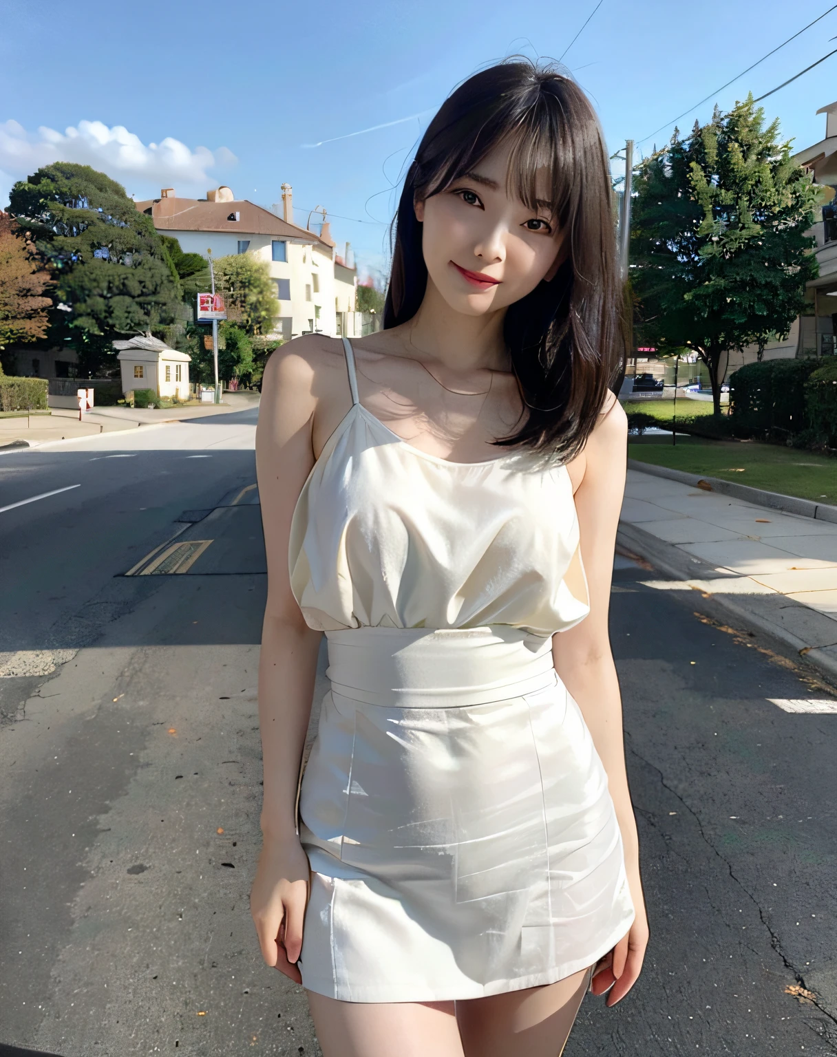 Woman posing on street corner、top-quality、女の子 1 a person、middlebreasts、tag、with light glowing、blur backgroun、bokeh dof、outside of house、(Street:0.8)、(a person々、Large crowds:1、A slender、large full breasts、Sleeveless、White camisole、Clothes that adhere perfectly to the body、Watching the viewer、Yellow Miniskirt、a gorgeous(Straight and shiny straight hair、Hair up to the waist、Forehead:0.8)、Beautiful sky with details、耳Nipple Ring、A slender、Sareme、 (above knee)、Soft lighting、glowy skin、A smile、The wind is blowing、