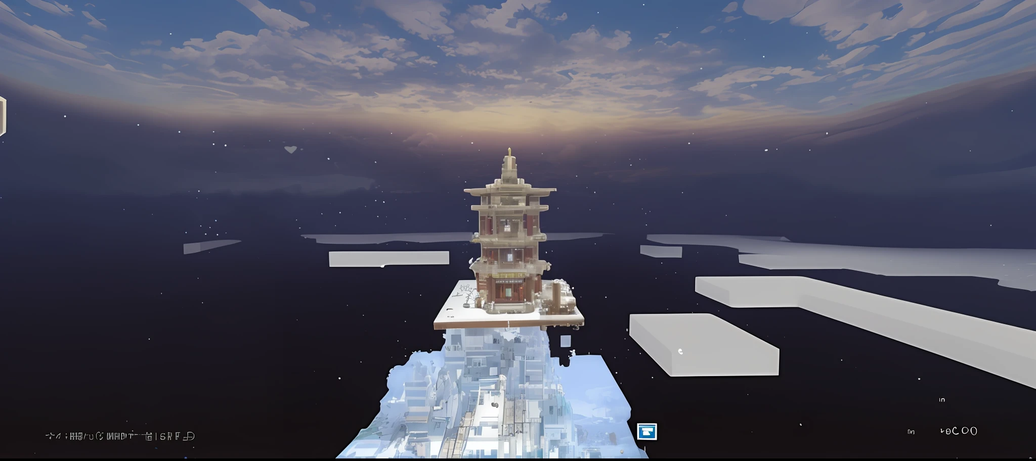 There is a tall tower in the middle of the snowfield, flying cloud castle, Cloud Palace, Screenshot from《My World》, minecraft build, floating city on clouds, Flying Island in the Sky, minecraft watchtower builds, palace floating in the sky, A floating island in the sky, Floating city in the sky, wip, floating lands in-clouds