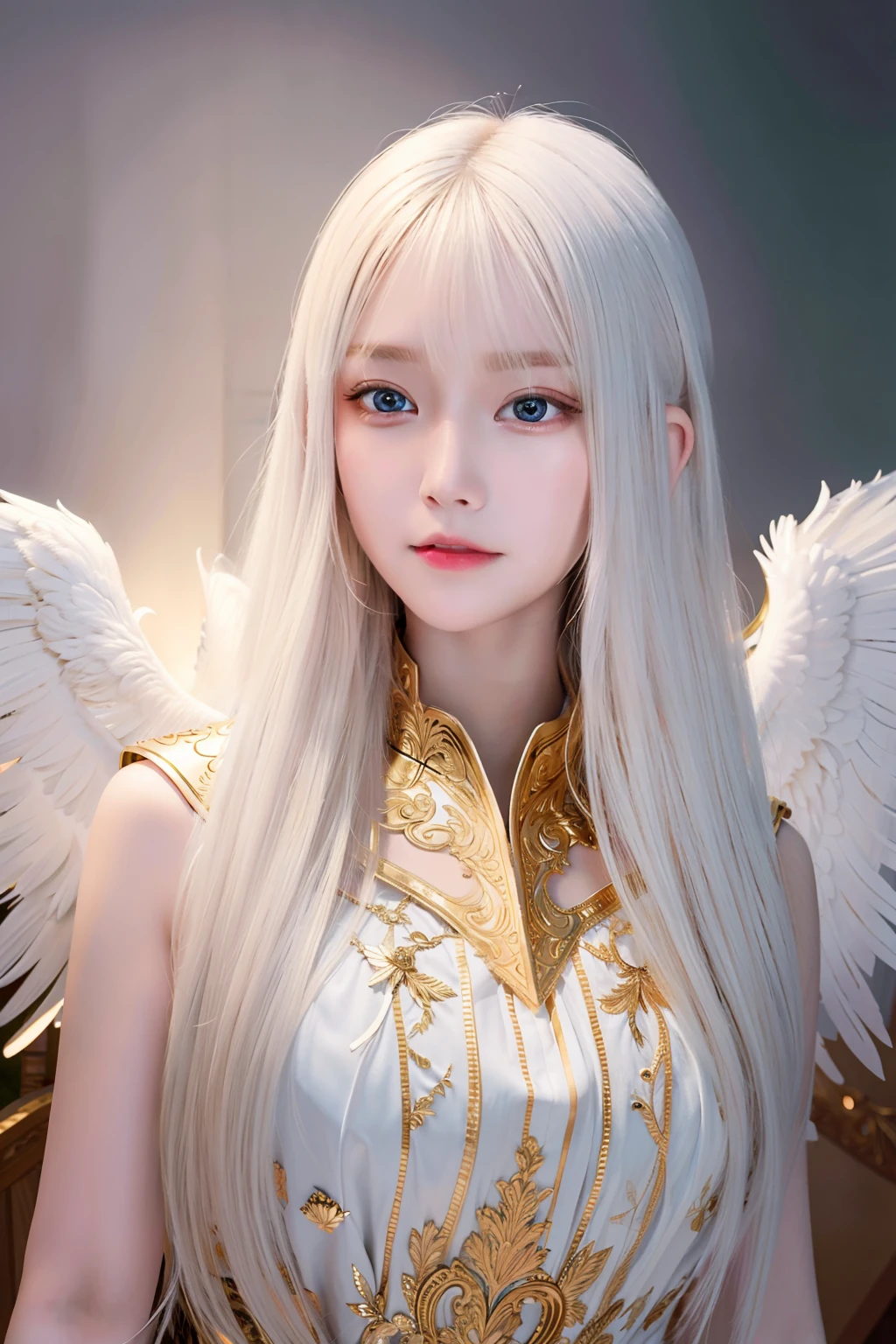 Masterpiece, Best quality, Ultra-detailed, illustration, Close-up, straight on, Face focus, 1girll, White hair, Golden eyes, Long hair, Halo, Angel wings, Serene expression, view the viewer