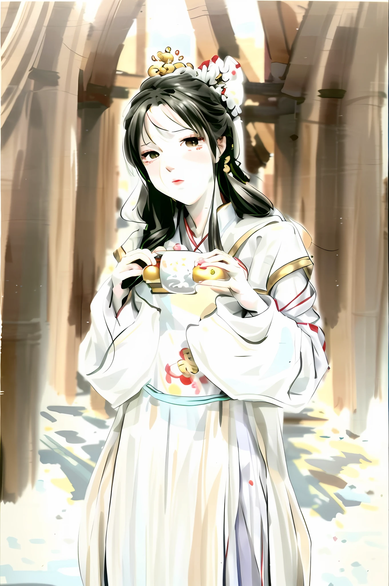 Anime girl in white dress holding a bowl of food, Palace , A girl in Hanfu, White Hanfu, made with anime painter studio, anime girls drink Energy drink,, drawn in anime painter studio, inspired by Ma Yuanyu, Guviz-style artwork