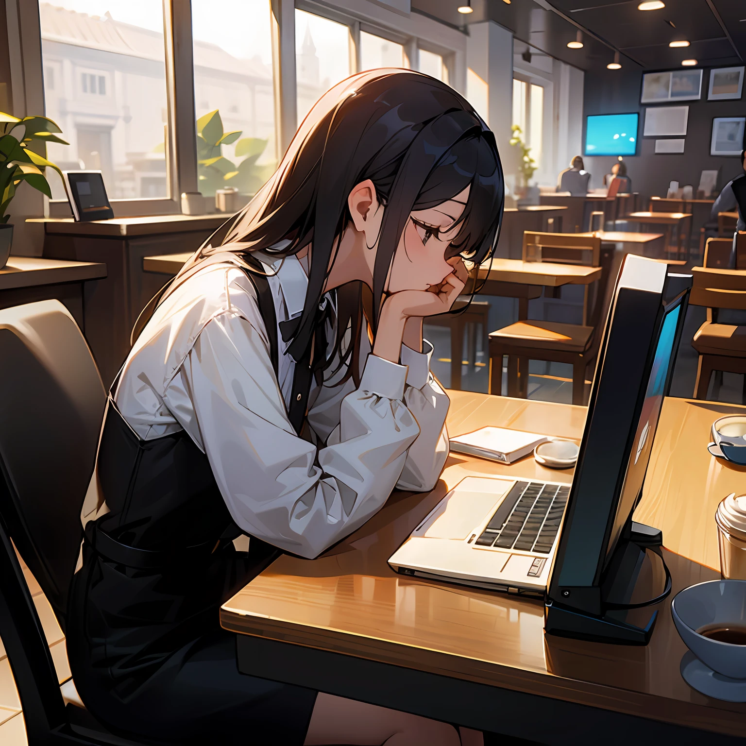 Working on a computer in a café、Fashionable、quietness、coffee 、The dim、abajour