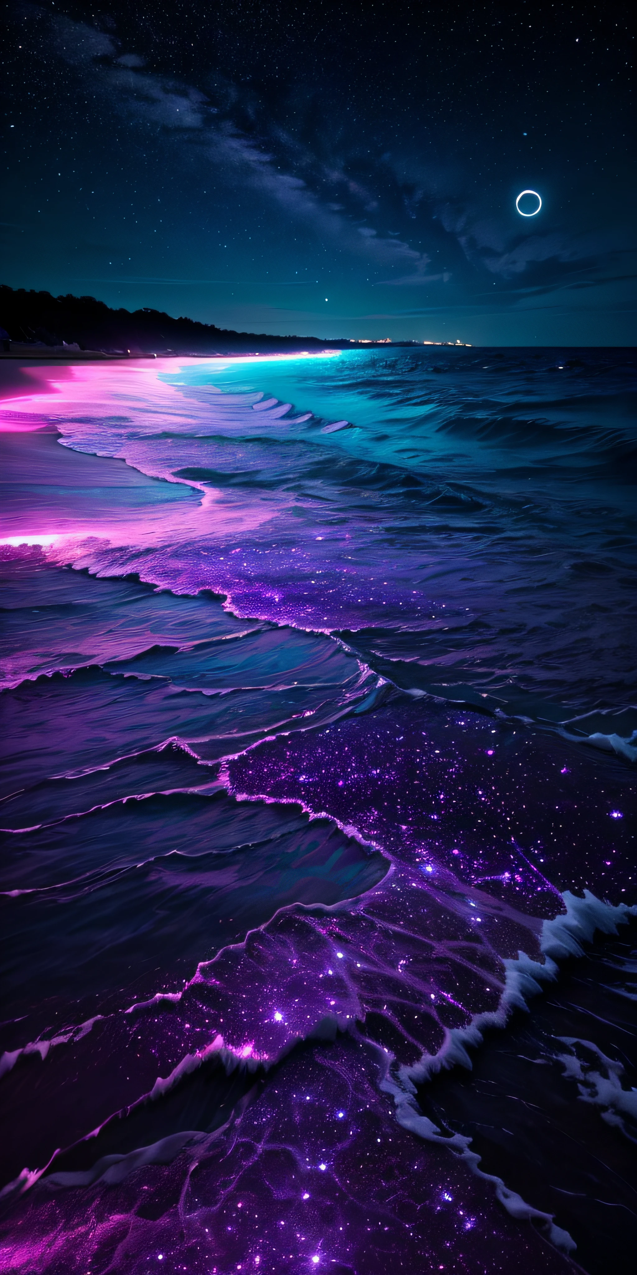 bioluminescent stars in the sky, pink half moon, touquois sky, soft cotton clouds, tourqouis ocean waves, shiny, purple water, galaxy, complementing lighting