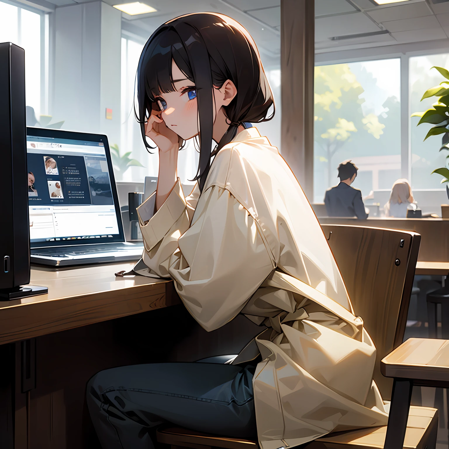 Working on a computer in a café、Fashionable、quietness、coffee 、The dim、abajour