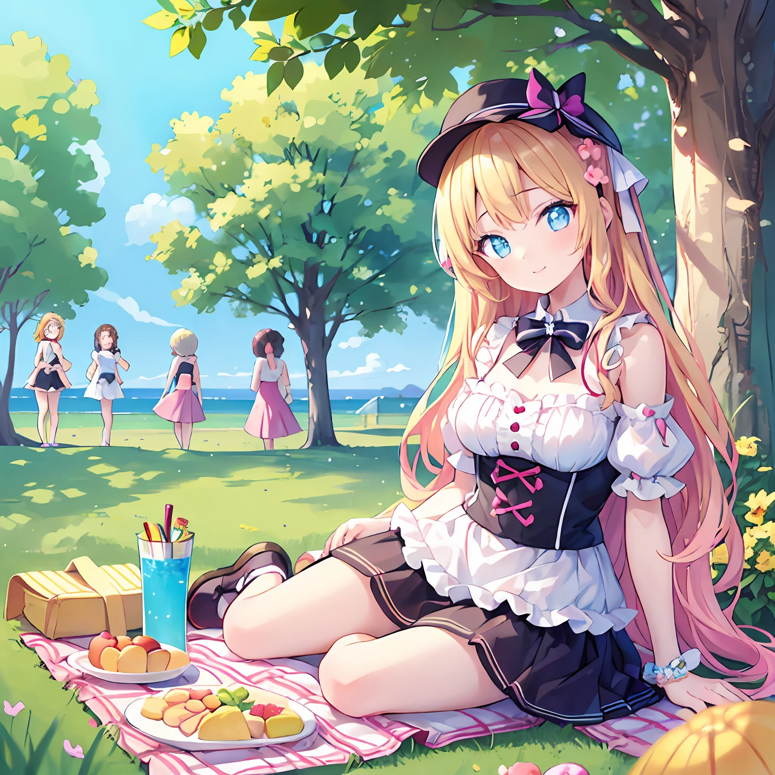 masterpiece, (2girls and 2girls and 2girls and 2girls at picnic), idol, big eyes, kawaiitech, kawaii, cute, pastel colors, best quality, happy, deep background, symmetrical, tilted head, summer