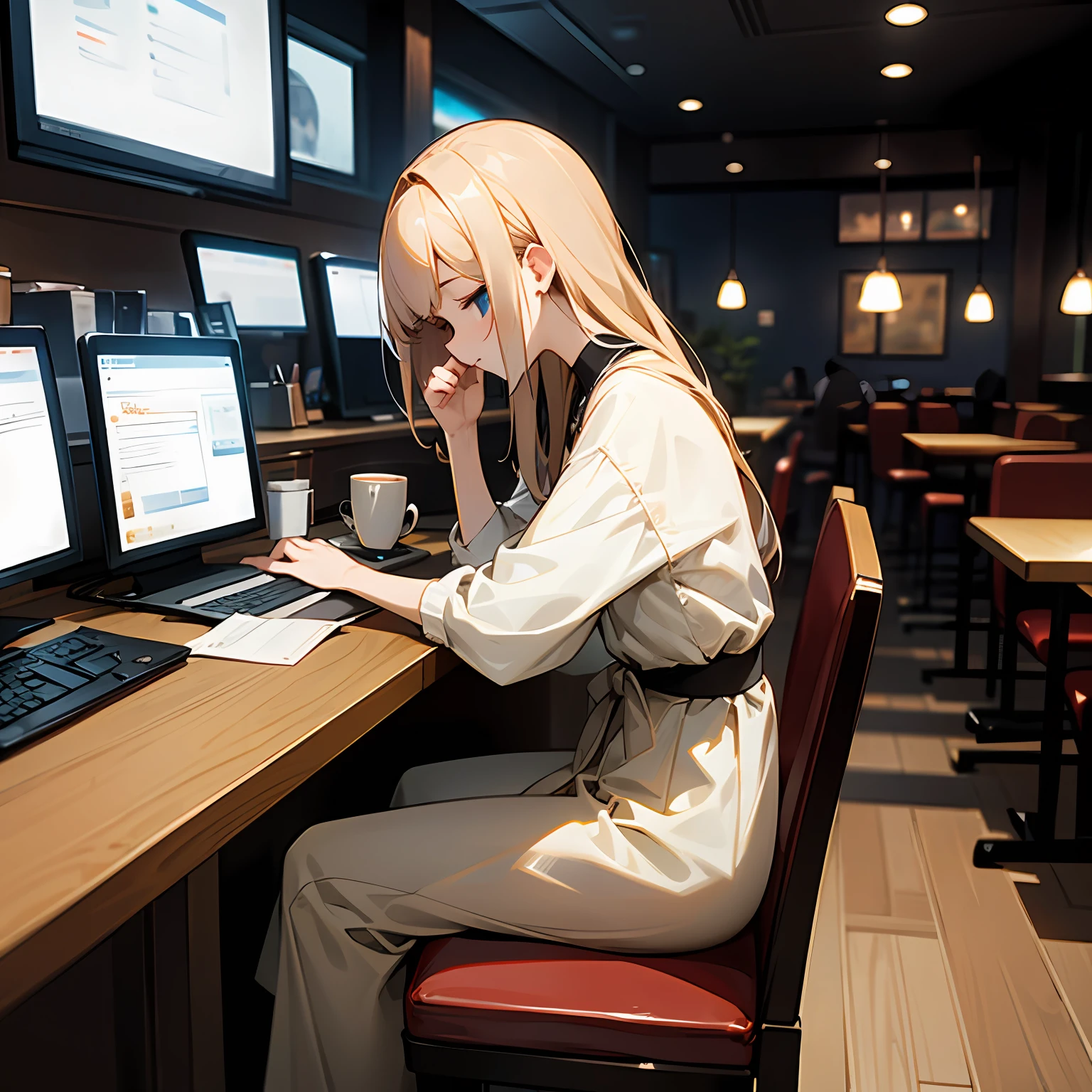 Working on a computer in a café、Fashionable、quietness、coffee 、The dim、abajour