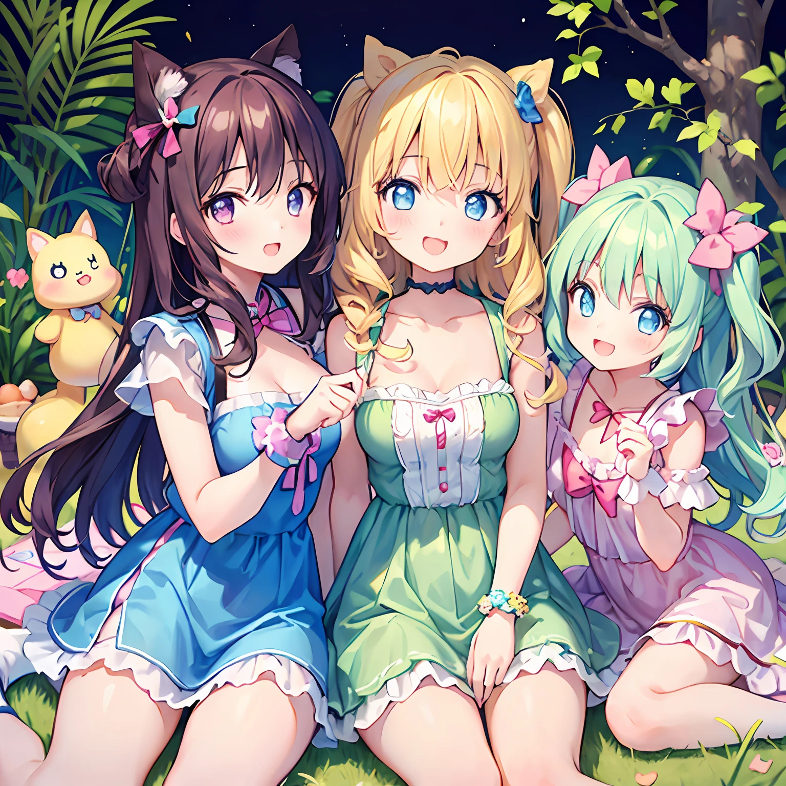 masterpiece, (2girls and 2girls and 2girls and 2girls at picnic), idol, big eyes, kawaiitech, kawaii, cute, pastel colors, best quality, happy, deep background, symmetrical, tilted head, summer