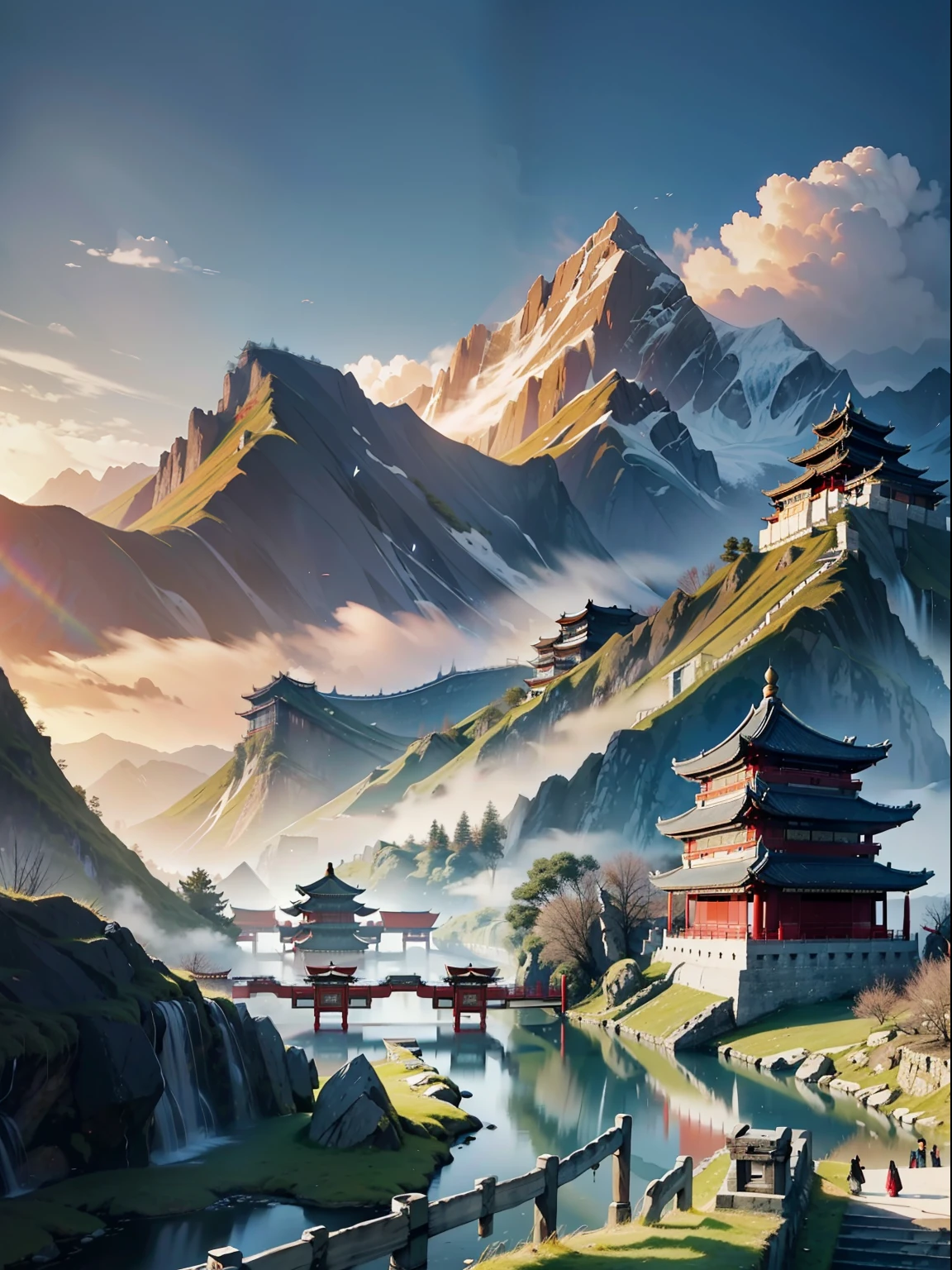 An ancient Chinese painting, ancient Chinese background, mountains, rivers, auspicious clouds, pavilions, sunshine, masterpieces, super detail, epic composition, ultra HD, high quality, extremely detailed, official art, unified 8k wallpaper, Super detail, 32k -- v 6