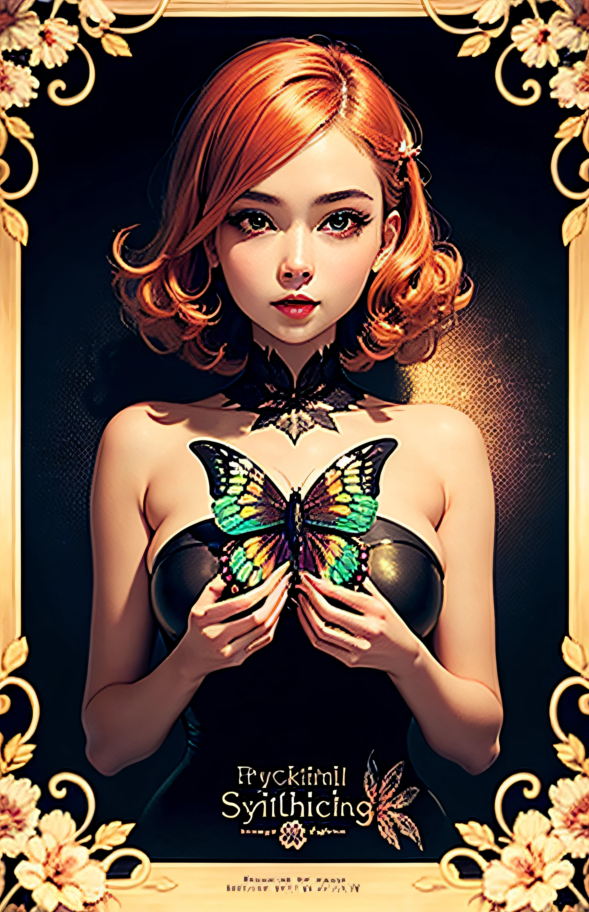 poster art, poster illustration, psychedelic pop, 3 color, delicate lineart, vintage, ornate frame, symmetrical, beautiful butterfly girl