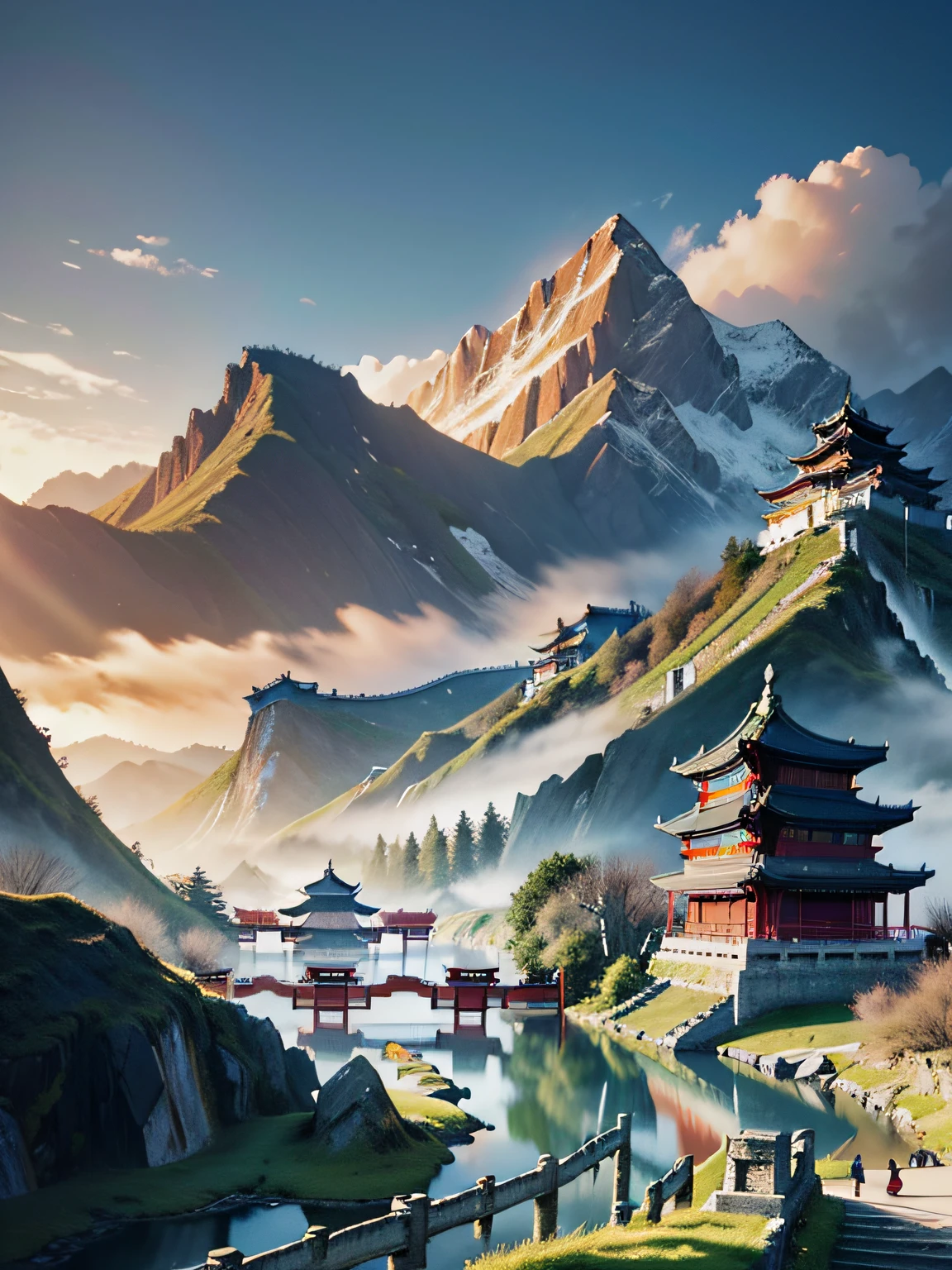 An ancient Chinese painting, ancient Chinese background, mountains, rivers, auspicious clouds, pavilions, sunshine, masterpieces, super detail, epic composition, ultra HD, high quality, extremely detailed, official art, unified 8k wallpaper, Super detail, 32k -- v 6