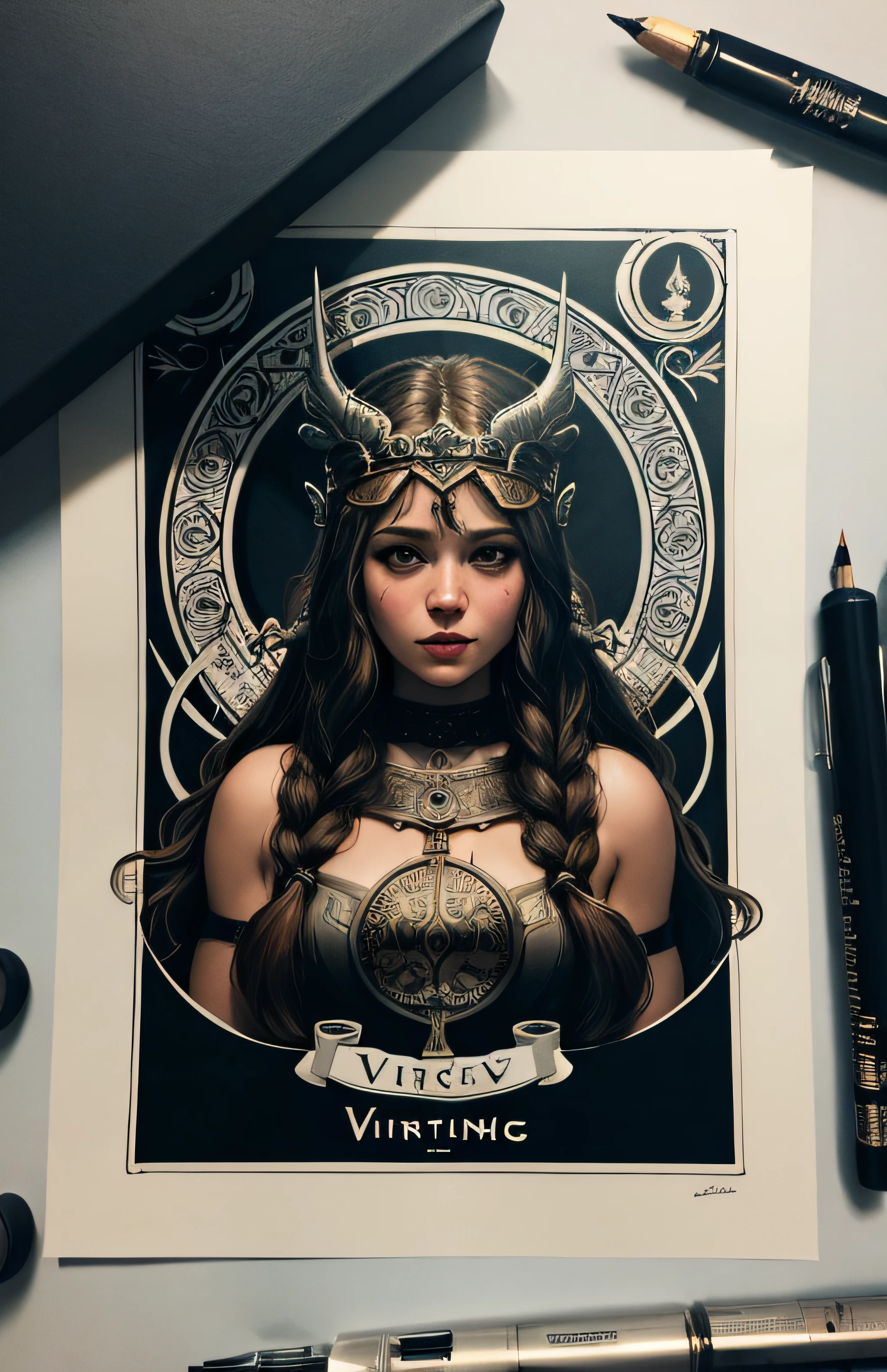 viking, 2D, dark atmosphere, greyscale, detailed linework, cinematic, psychedelic horror, black paper with vibrant line work, ornate, symmetrical, tarot card, highly detailed, ink illustration