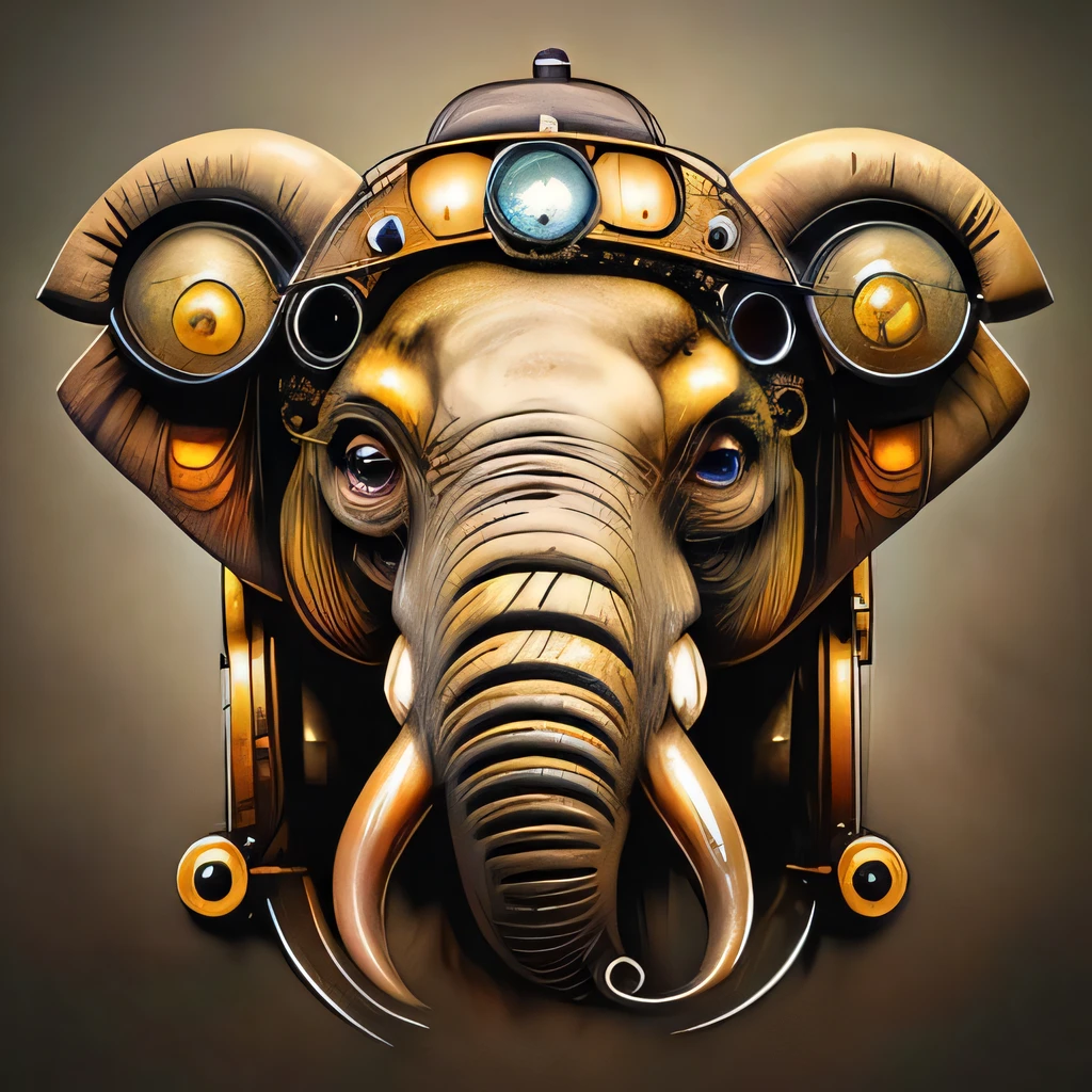 (steampunkai), an elephant with googles on his head, portrait, golden teeth