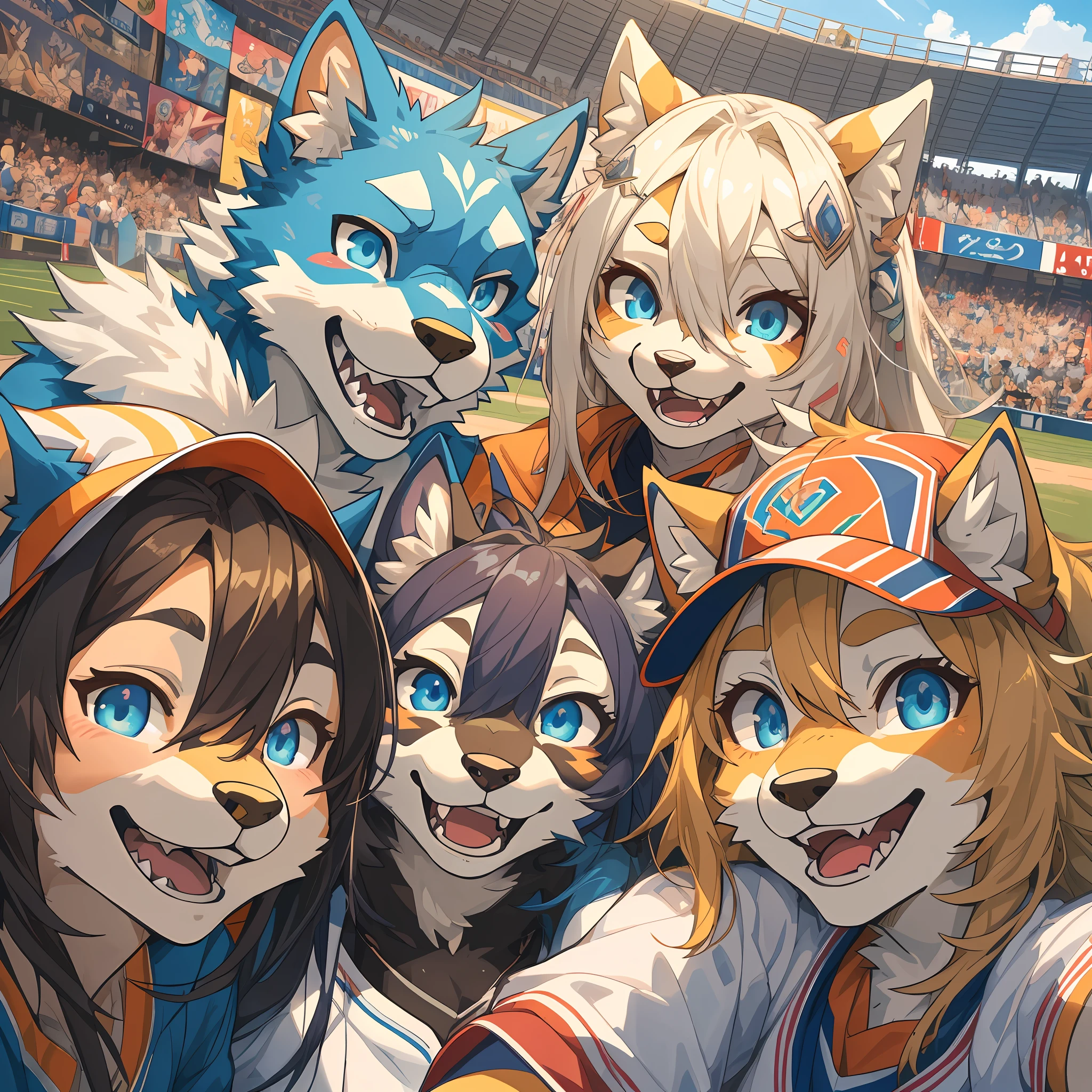 top quality, best quality, High-quality illustrations, masterpiece, super high resolution, detailed background, detailed background, Watching Baseball, group shot, 6+boys, 6+girls, Happy, joyful, absurdres(highly detailed beautiful face and eyes)perfect anatomy(Photos taken with friends)(kemono, furry anthro)selfie,