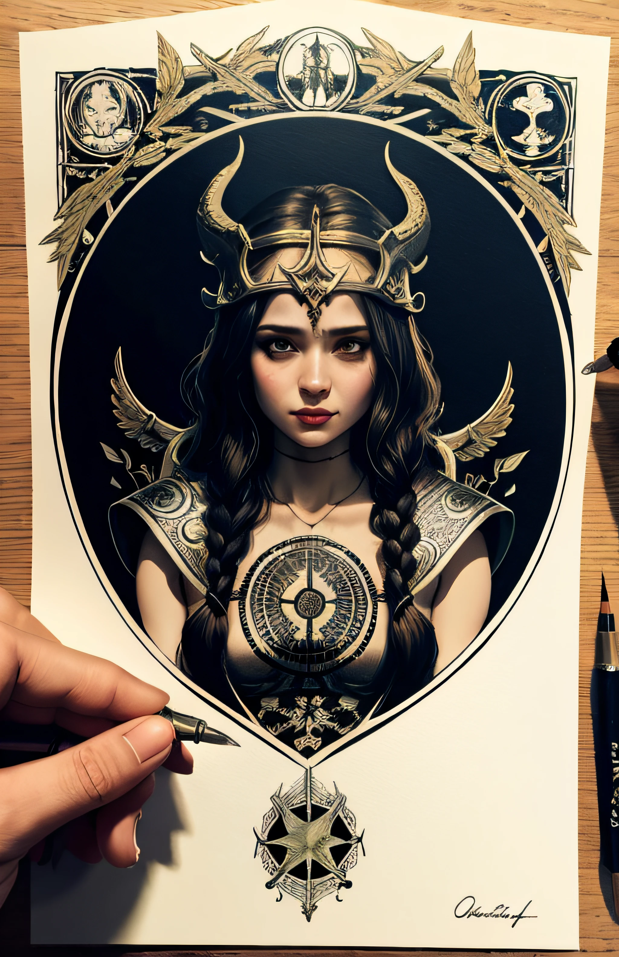 viking, 2D, dark atmosphere, greyscale, detailed linework, cinematic, psychedelic horror, black paper with vibrant line work, ornate, symmetrical, tarot card, highly detailed, ink illustration