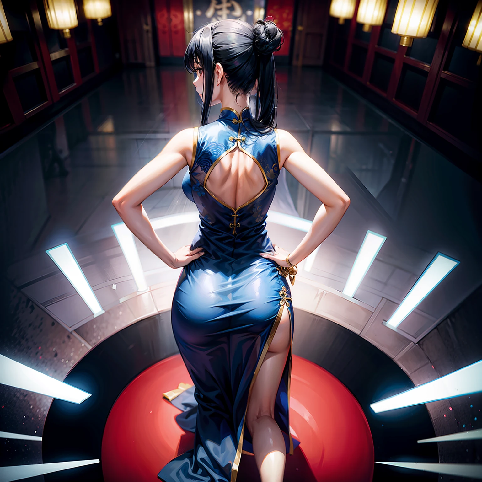 only 1 girl,Very long cheongsam,Sleeveless,blue,Full body photo,Back,Black hair,Hair tied up,hands on hips,Focus on the butt