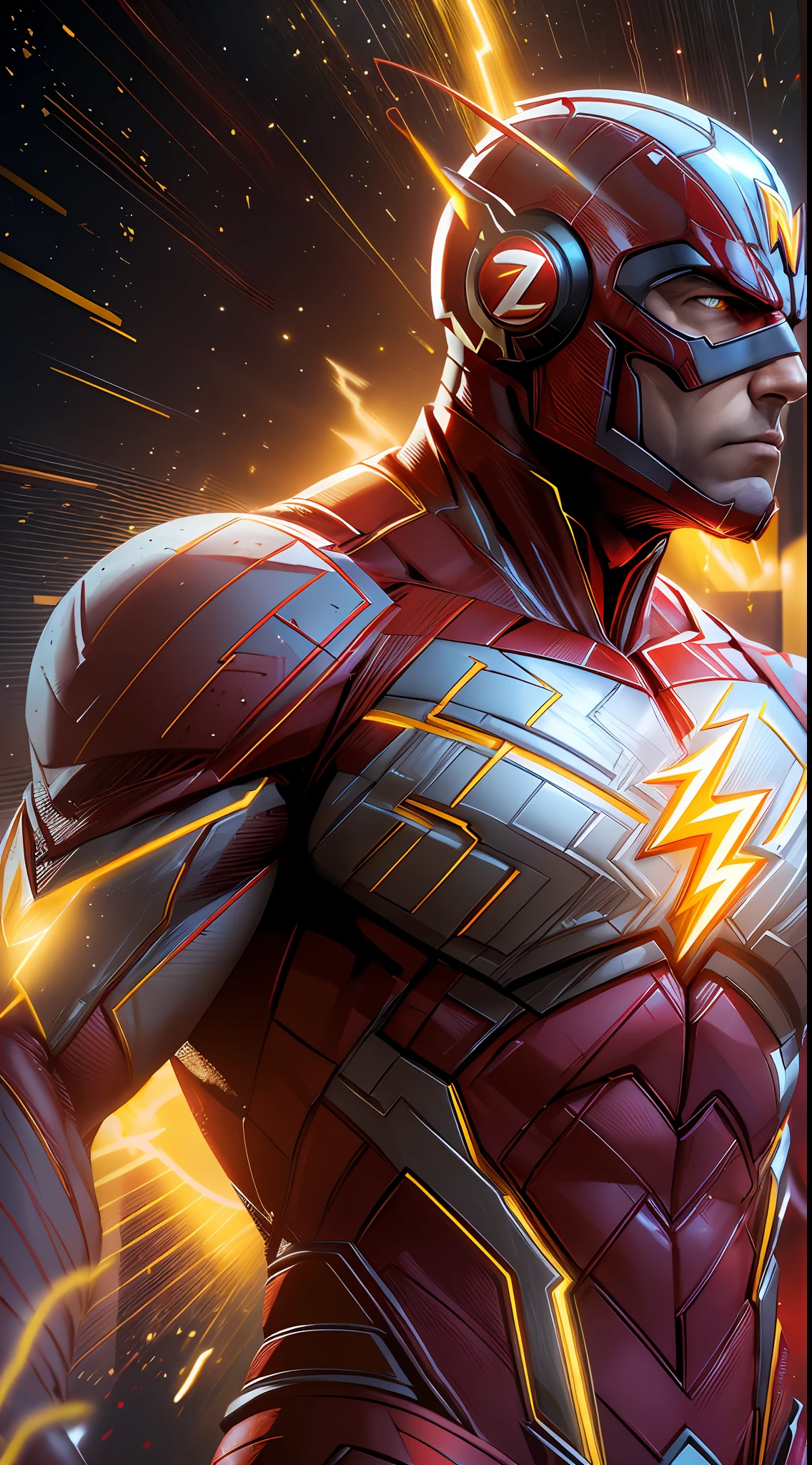 The Flash (Injustice 2), best quality, high resolution, tall, muscular, hunk, white plates and scarlet red neon suit, big glowing yellow eyes, standing powerfully pose, yellow lightning trail, detailed face, detailed suit, ultra detailed, masterpiece, tunnle of light in the background, 4k, raw photo, volumetric lighting, low camera angle