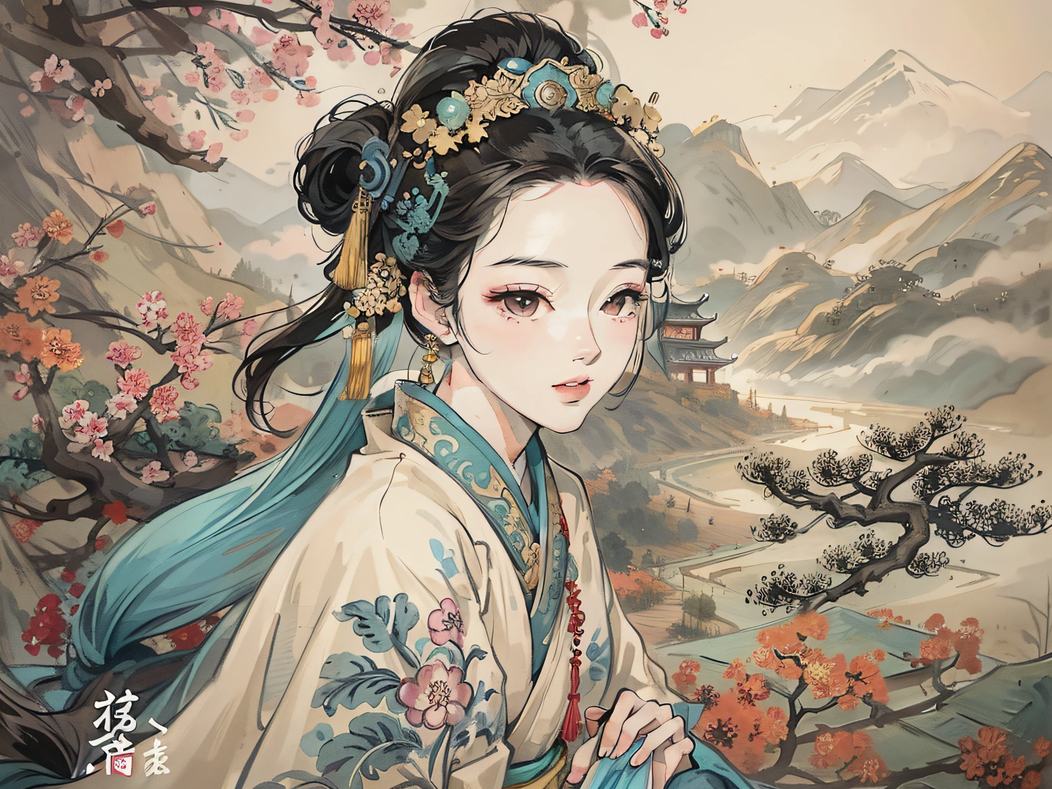 Ancient Chinese ink painting，Ladies painting，Detailed facial details，eye detailed，period costume，Ladies， ellegance，Not full，ancient chinese background， mountain ranges， rios， Auspicious clouds， Pavilions， rays of sunshine， tmasterpiece， super detailing， Epic composition， hyper HD， high qulity， extremely detaile， offcial art， 统一 8k 壁纸， super detailing， 32K -- V 6 is warming up