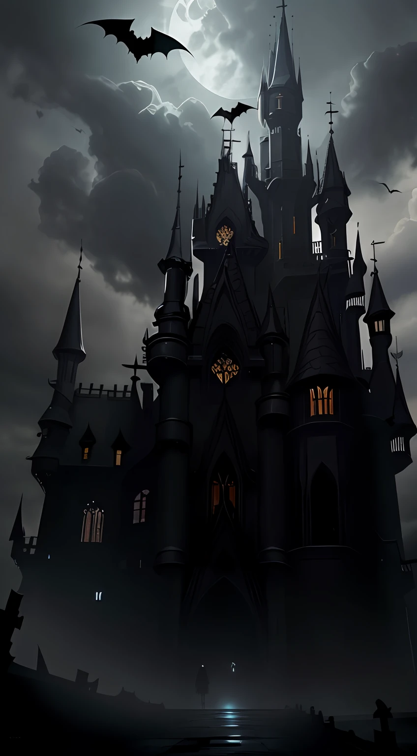 Magnificent dark castle，Gray stone path，Looming street lights，（The vista has the back of a walking girl in a black trench coat:1.2），(There are flying bats in the sky:1.2)，(Old European castle architectural style)，（Moonlight shines through the clouds），（The picture presents a mysterious and obscure gray tone），（tmasterpiece），（Best picture quality），（Very detailed and uniform picture），（8k wallpaper），（Tyndall effect），（light and shadow effect），The creation is inspired by movies《Vampire Dracula》