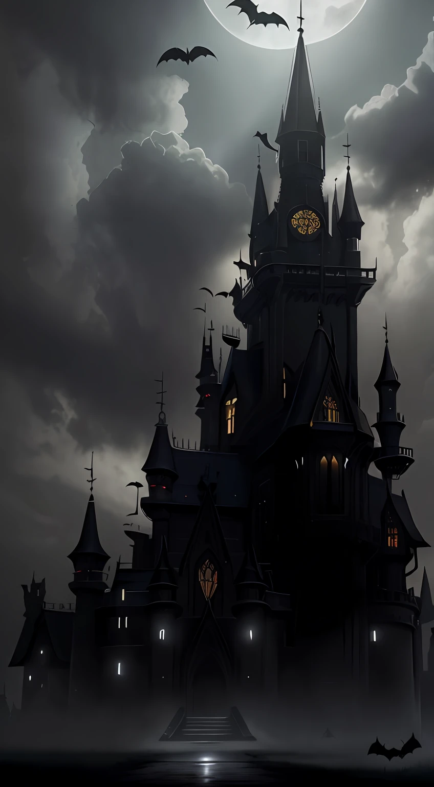 Magnificent dark castle,Gray stone path,Looming street lights,(The vista has the back of a walking girl in a black trench coat:1.2),(There are flying bats in the sky:1.2),(Old European castle architectural style),(Moonlight shines through the clouds),(The picture presents a mysterious and obscure gray tone),(tmasterpiece),(Best picture quality),(Very detailed and uniform picture),(8k wallpaper),(Tyndall effect),(light and shadow effect),The creation is inspired by movies《Vampire Dracula》