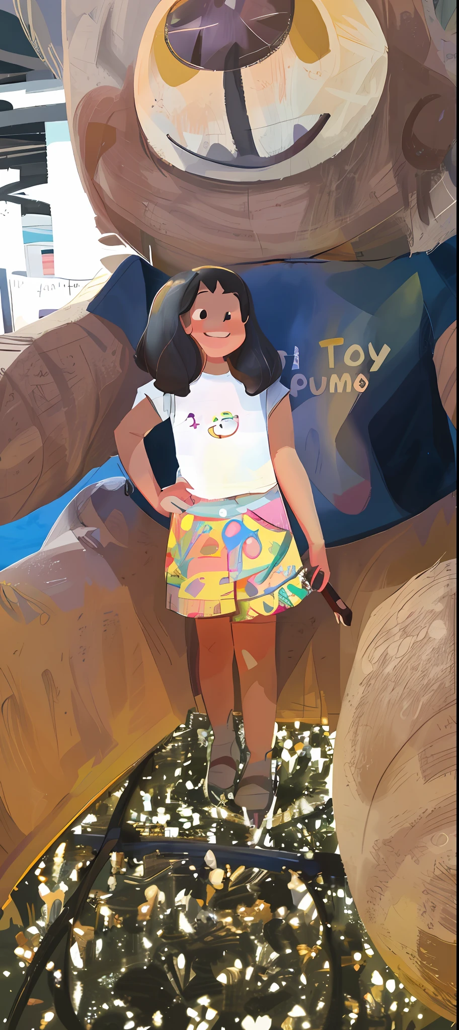 A little  with a wide smile holding a painting brush that glows! it is surrounded by many colored pencils, brushes and paints of many colors, warm sun sprinkling over it, adding to the playful atmosphere, --v6