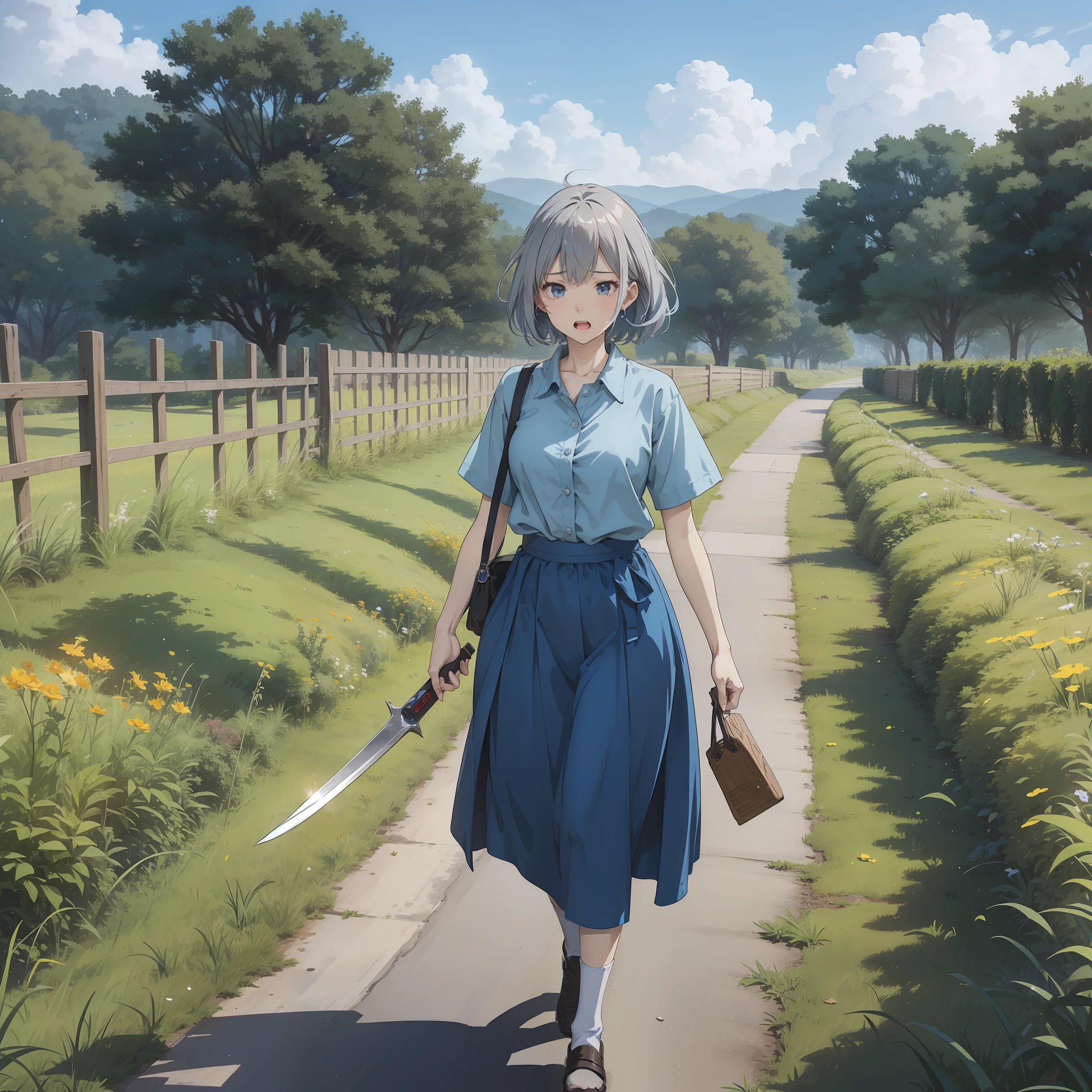 One was wearing a blue shirt,A 60-year-old woman with gray hair stood in a rural yard, holding a kitchen knife and yelling angrily(Menu 1 in hand.5)(Running Movement 1.5)(Angry expression 1.5)(Tears 1.5)(Open your mouth and yell 1.5)(The background is a yard in the countryside 1.5)style of anime4 K,Anime rendering,style of anime。8K(Full body display 1.5)(Old Woman 1.3)(Cinematic lighting 1.5)