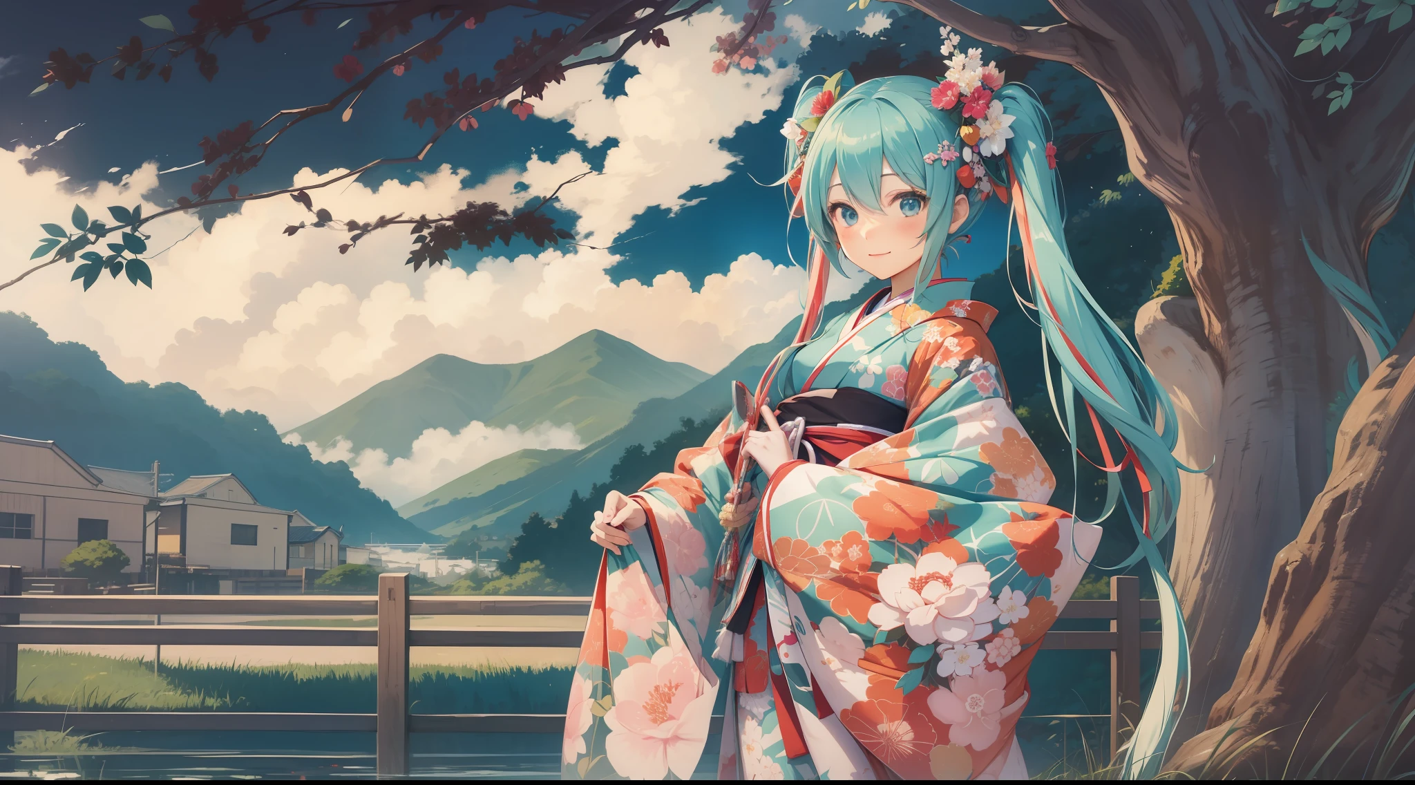 miku hatsune、Standing in the landscape in a kimono、Creates a friendly atmosphere。