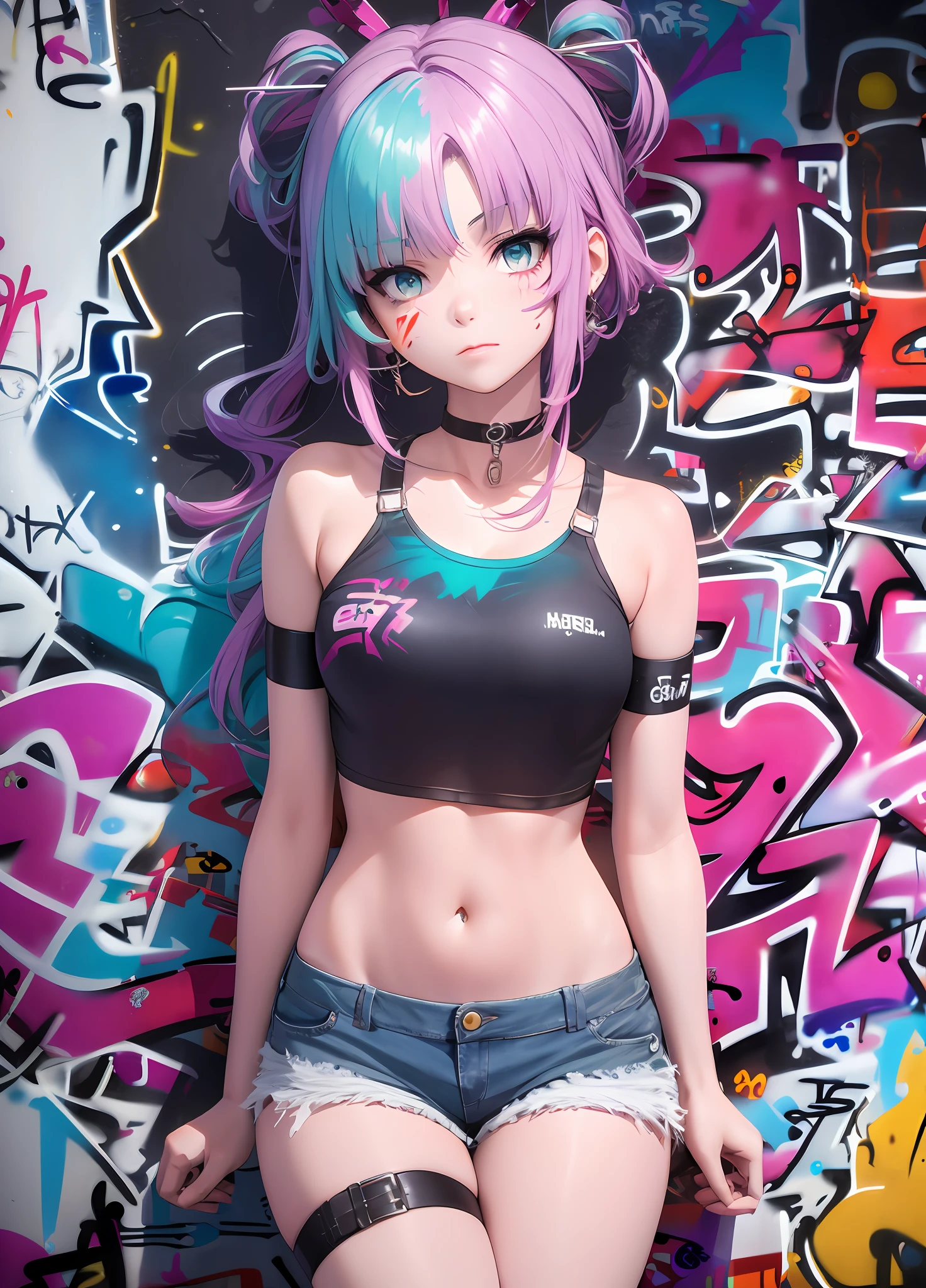 masterpiece, best quality, 1girl, solo, crop top, denim shorts, choker, (graffiti:1.5), paint splatter, arms behind back, against wall, looking at viewer, armband, thigh strap, paint on body, head tilt, bored, multicolored hair, aqua eyes, headset