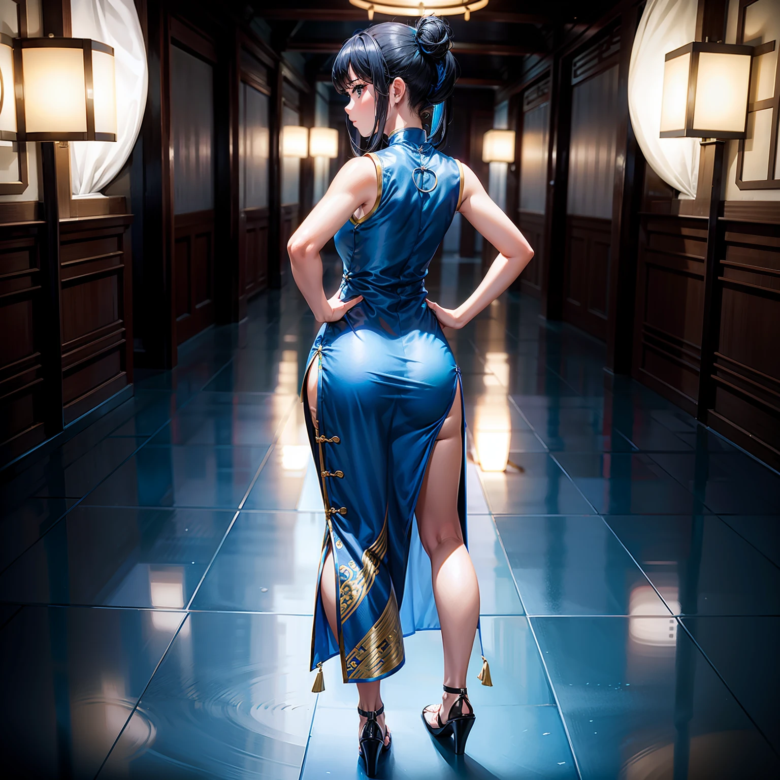 only 1 girl,Very long cheongsam,Sleeveless,blue,Full body photo,Back,Black hair,Hair tied up,hands on hips,Focus on the butt