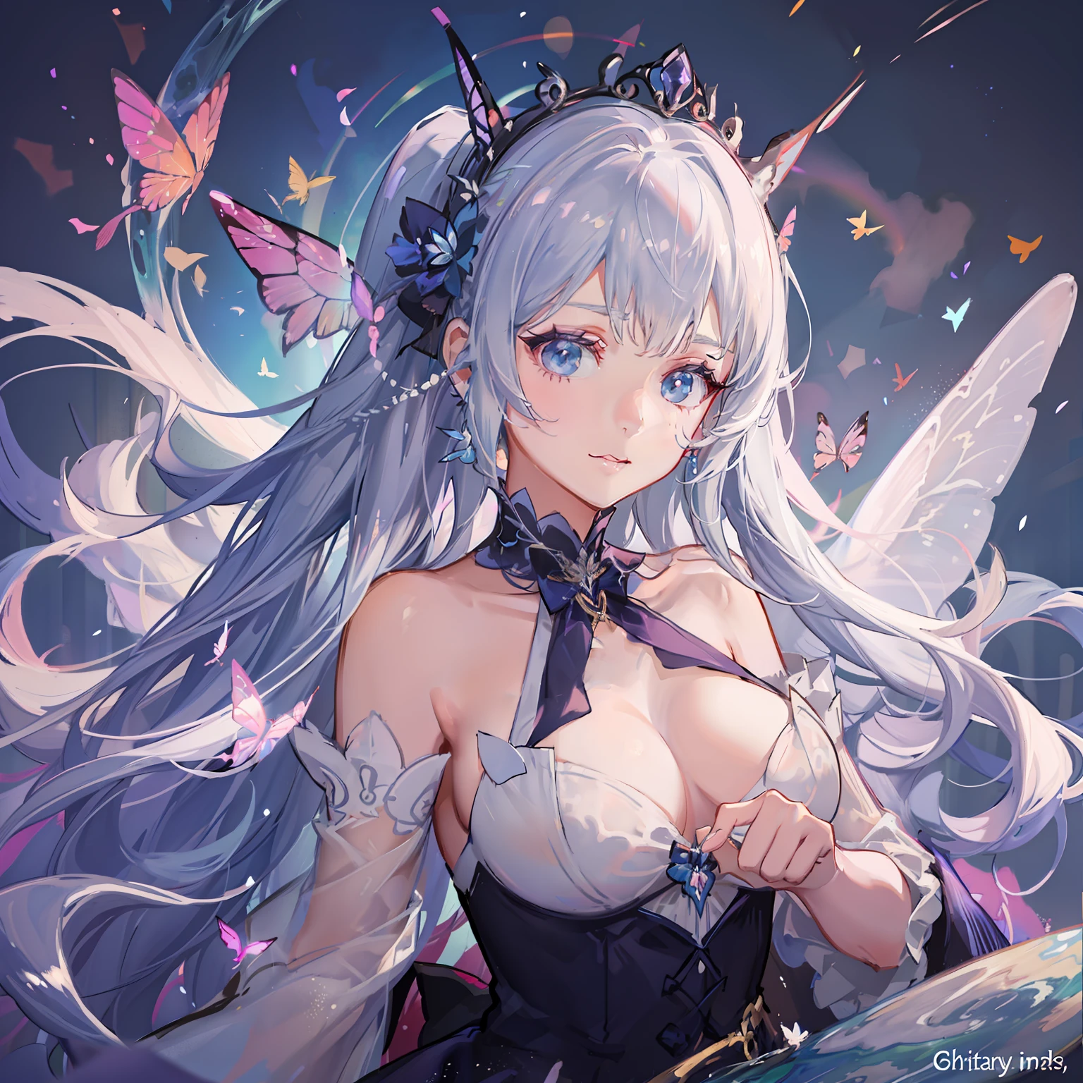 She is the queen of butterflies. She has a pair of eainbow butterfly wings. She wears a pale blue summer dress. She has a big bust. Her eyes are rainbow coloured. She is kind and gentle, but she seems to be very cold and evil. She has 2 long white ponytails.