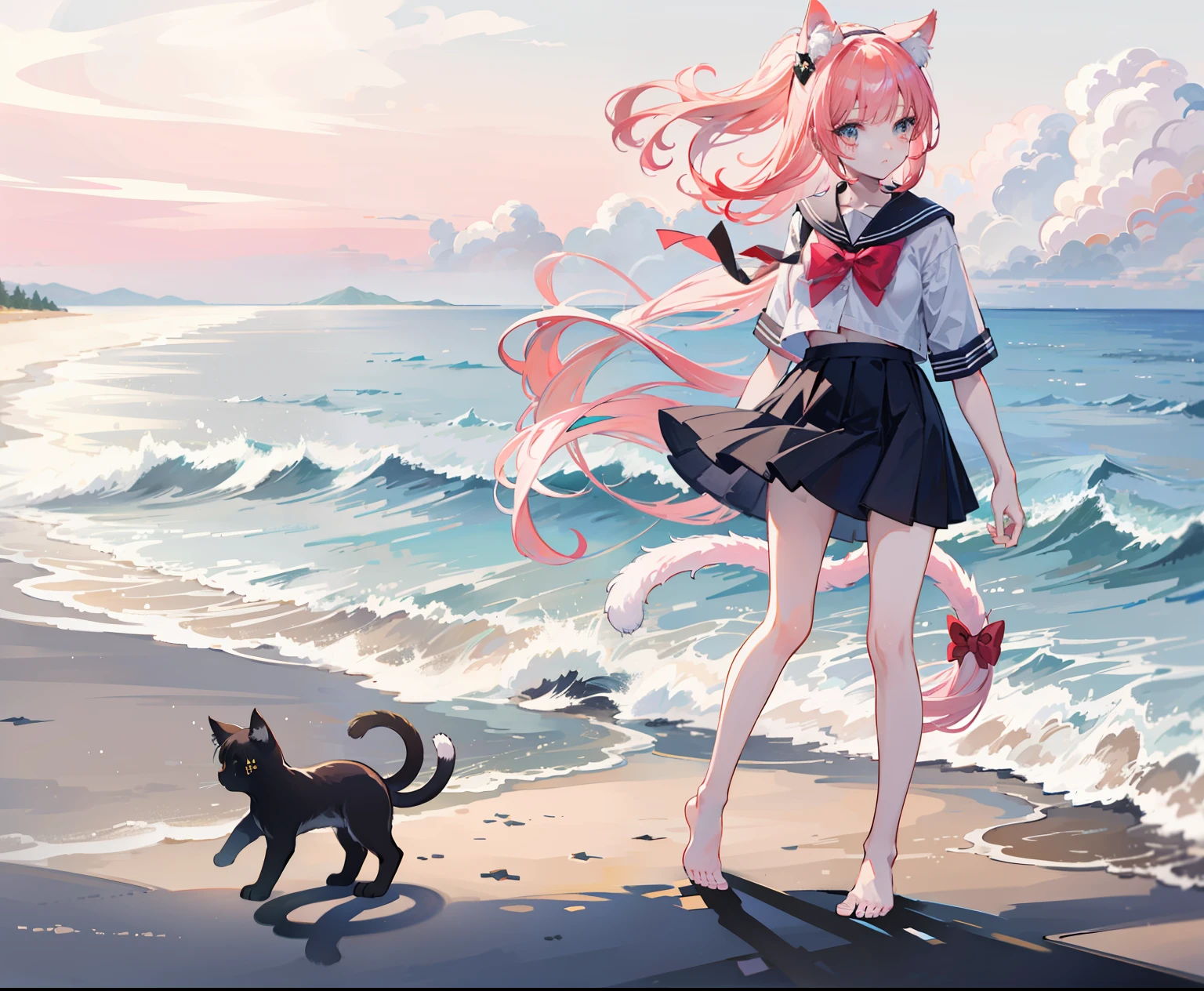 Girl walking with cat on the beach, beuaty girl, 4K, cat ears girl,Cat tail girl,JK skirt,short skirt,The skirt flutters in the wind,Student Clothing,College,white cat,Walk cheerfully,Bow on chest,Girl walking by the water, cute anime catgirl, Slender fade,Nice fade,Fair skin,Barefoot