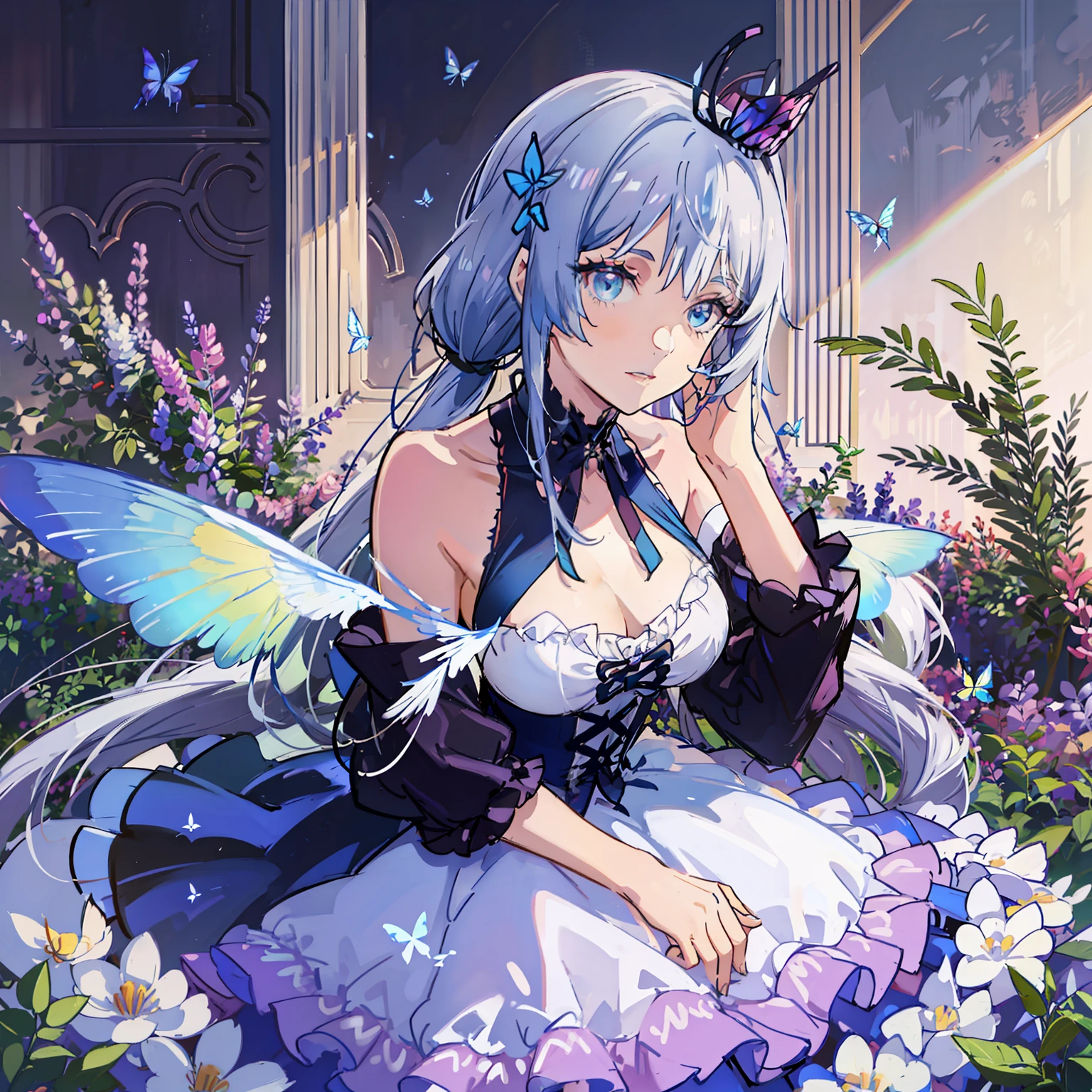 She is the queen of butterflies. She has a pair of eainbow butterfly wings. She wears a pale blue summer dress. She has a big bust. Her eyes are rainbow coloured. She is kind and gentle, but she seems to be very cold and evil. She has 2 long white ponytails.