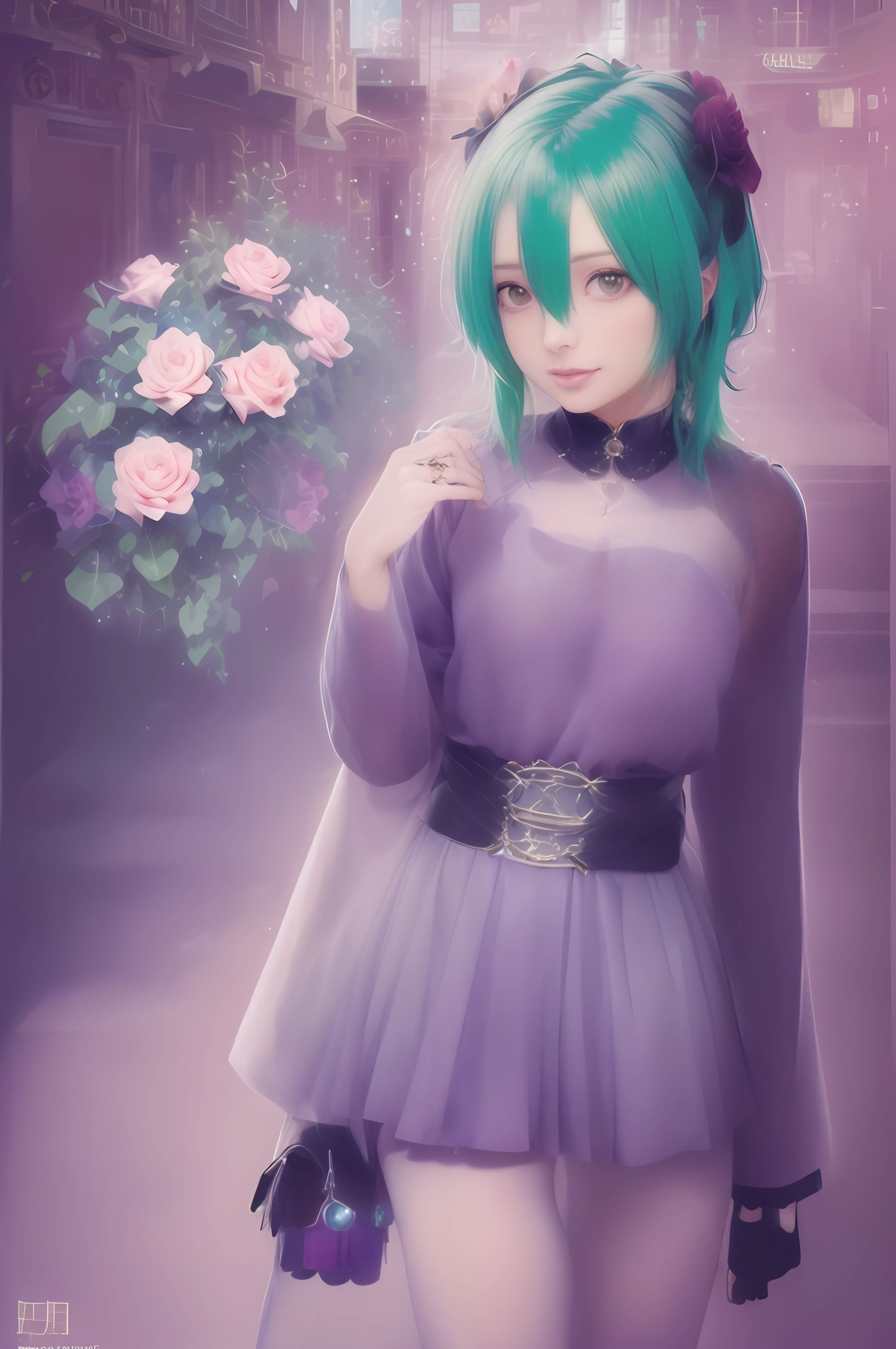 Photographic poster of beautiful women, Sony α7, 35mm Lens, f1.8、((Konmutsuki_gacha_series1, punk_rosette))), cute girl, aqua color flowers, (full body), elegant flowers background, realistic photo, beautiful woman, Beautiful girl, beautiful background, charming girls, realistic 3d style, photo realistic render