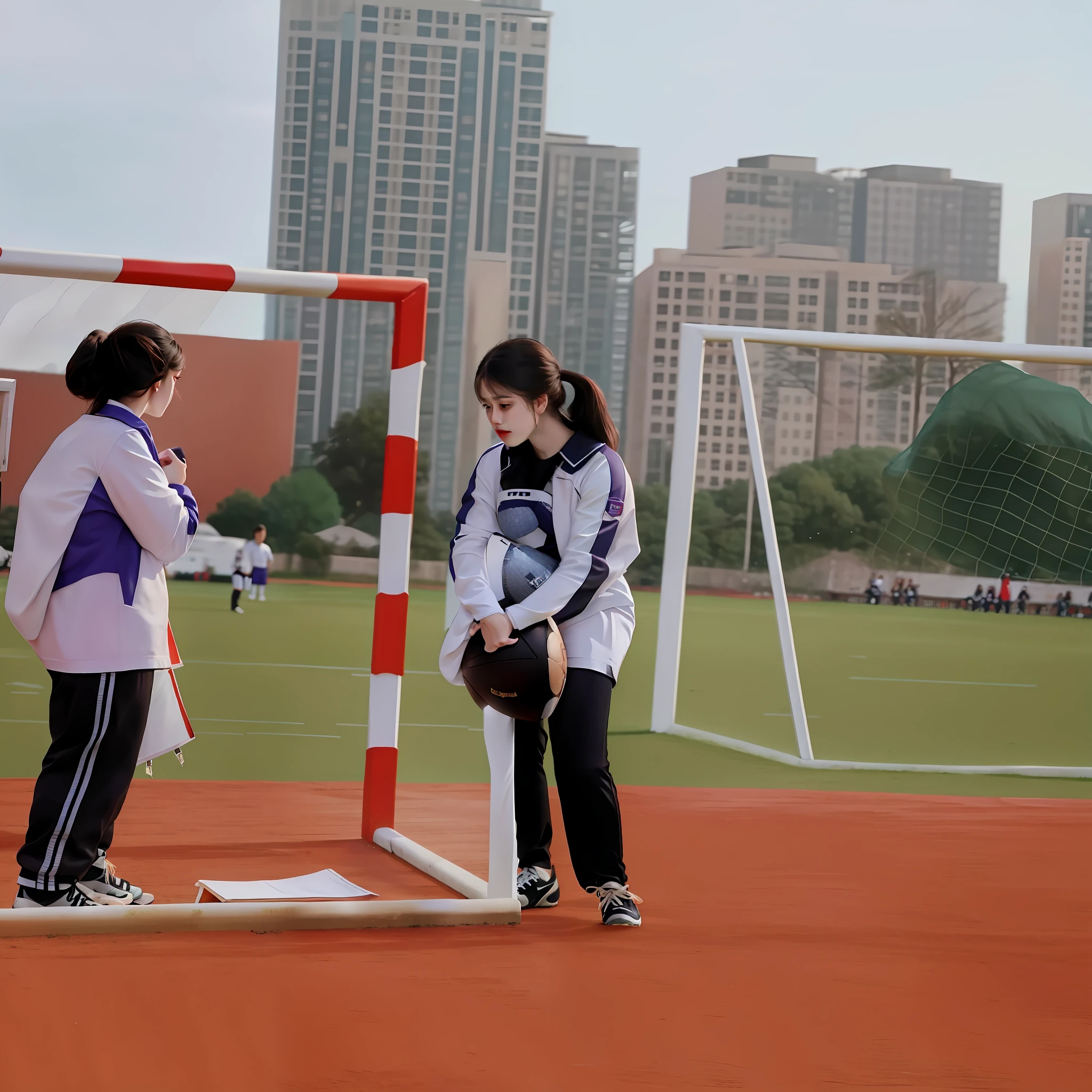They play football in the field with the goalkeeper, the photo shows a large, in school uniform, blocking the sun, interesting composition, focused shot, sad scene, wide wide shot, year 3022, Lu Ji, 278122496, wide wide shot, wide - shot