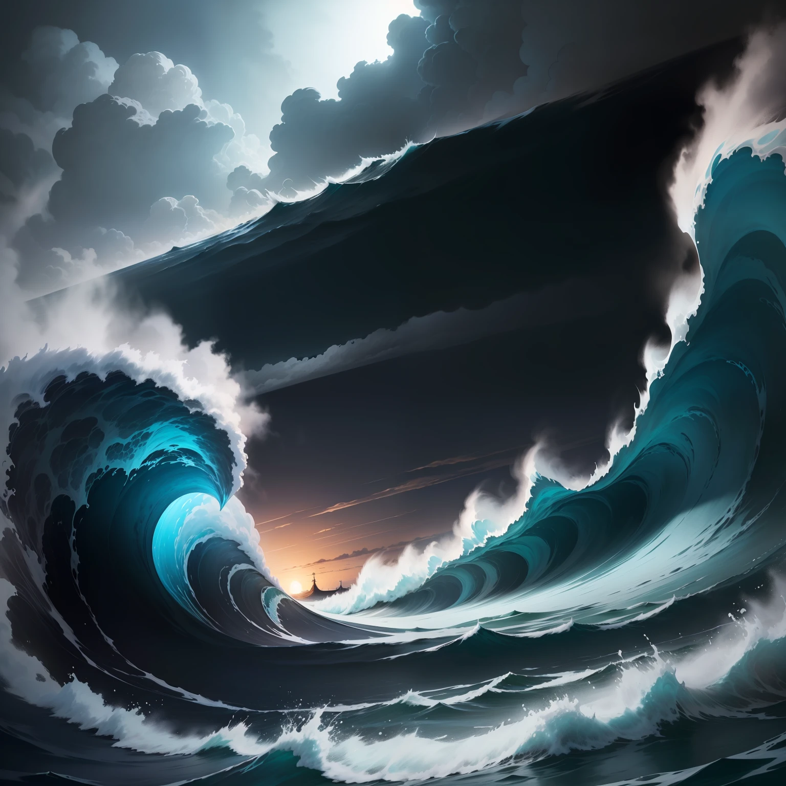 A huge black shadow shrouds the world,A huge wave slowly rises from the horizon,Huge waves roll up endless waters,Dense thick cumulonimbus clouds,Harsh white lightning,A small back walked towards it steadily。epic sense,Extreme light and shadow