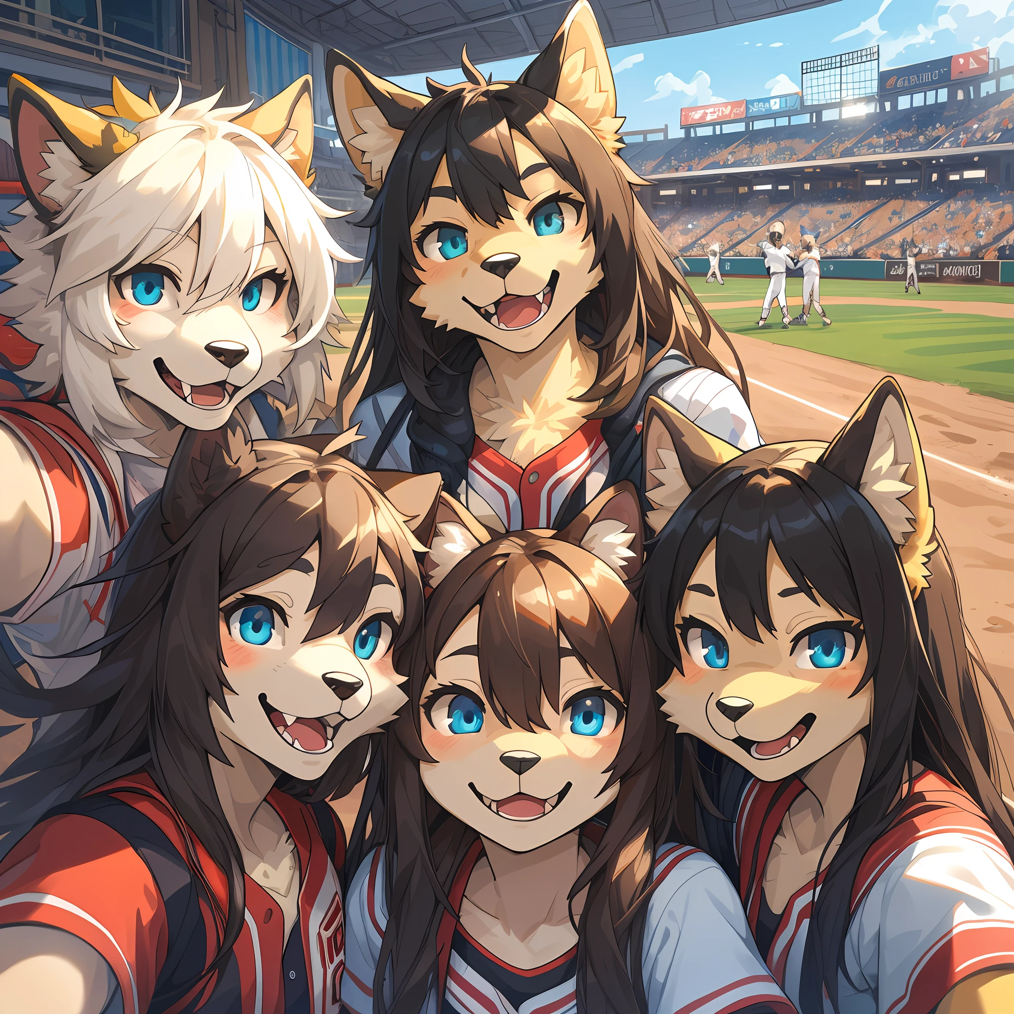 top quality, best quality, High-quality illustrations, masterpiece, super high resolution, detailed background, detailed background, Watching Baseball, group shot, 6+boys, 6+girls, Happy, joyful, absurdres(highly detailed beautiful face and eyes)perfect anatomy(Photos taken with friends)(kemono, furry anthro)selfie,