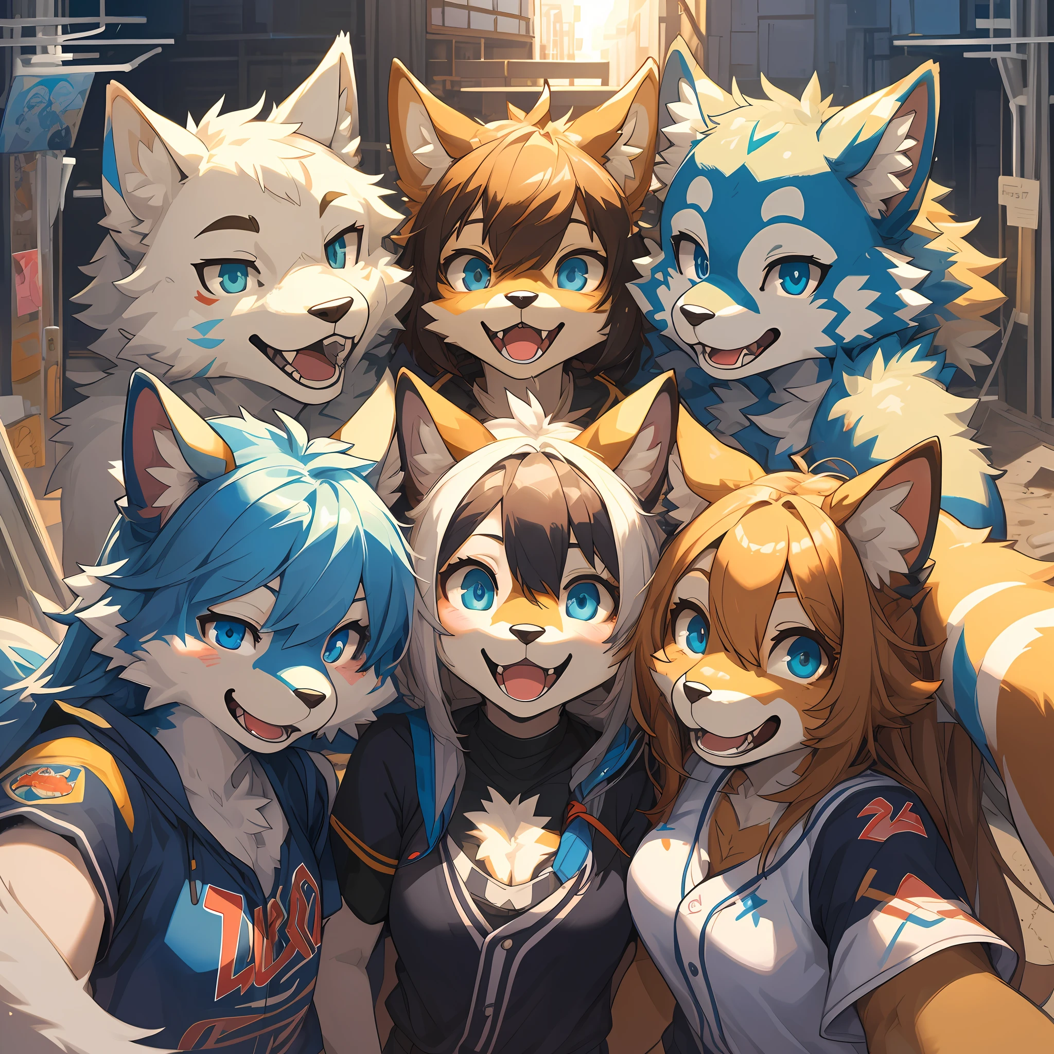 top quality, best quality, High-quality illustrations, masterpiece, super high resolution, detailed background, detailed background, Watching Baseball, group shot, 6+boys, 6+girls, Happy, joyful, absurdres(highly detailed beautiful face and eyes)perfect anatomy(Photos taken with friends)(kemono, furry anthro)selfie,