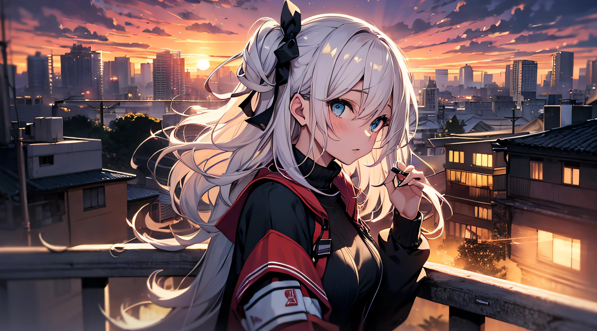 Candid Shot At Girl Picture, Volumetric Lighting, Best Shadows, Shallow Depth of Field, Portrait Of Stunningly Beautiful Girl, Delicate Beautiful Attractive Face With Alluring Sharp Blue Eyes, Sharp Eyebrows, Enjoying The Scenery, Closed Mouth, Lovely Medium Breasts, Layered Long Black Two-Side Up Hair, Windswept Hair, Hair Ribbon, Blush Eyeshadow, Thick Eyelashes, Cross On The Red Turtleneck Shirt, Long Sleeve, Slim Waist, Black Short Pleated Skirt, Thigh Gap, Black Thigh-High Stockings, Red Sky At Night, Clouds, School Rooftop, Under Red Moon, Rooftop Guardrails, Villagescape, Facing Away, Side View of Leaning On Railing, Shoulder Blades, (Highest Quality, Amazing Details:1.25), (Solo:1.3), Brilliant Colorful Paintings
