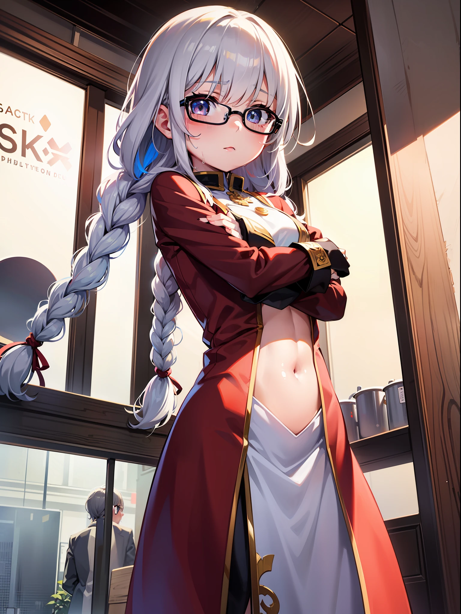 (((((???))))), One girl、Fiery red jacket、Tight suit、Maypunk Glossy Skin、Surreal sweet girl、spaces、Beautiful in every detail、Detailed beautiful girl、Detailed beautiful girl、Dutch Angle、front-facing view、Close-up of people、neat figure、wet、absurdly long hair、blue streaked hair、asymmetrical bangs、long bangs between eyes、Single braid、hair flaps 、white hair、Two-tone hair、Iridescence and rainbow hair、Delicate face、Serious and adorable big eyes、animal ear fluff、tusk、Put your arms behind your back、Finger Sleeve、small tits、a navel、Silver eyes、Body Gemstones、beautiful hair decoration、 eye glasses、Scrunchie、Iridescent and iridescent dresses、Stripes、Translucent pink skirt、Large top sleeve、curved thin fishtail、Exquisite fabric、outside of house、in a house、beautiful and clear background、detailed shadow、A logo、Very detailed CG 8k wallpaper、Highly detailed CG Unity wallpaper、Highly detailed CG Unity 8k wallpaper、