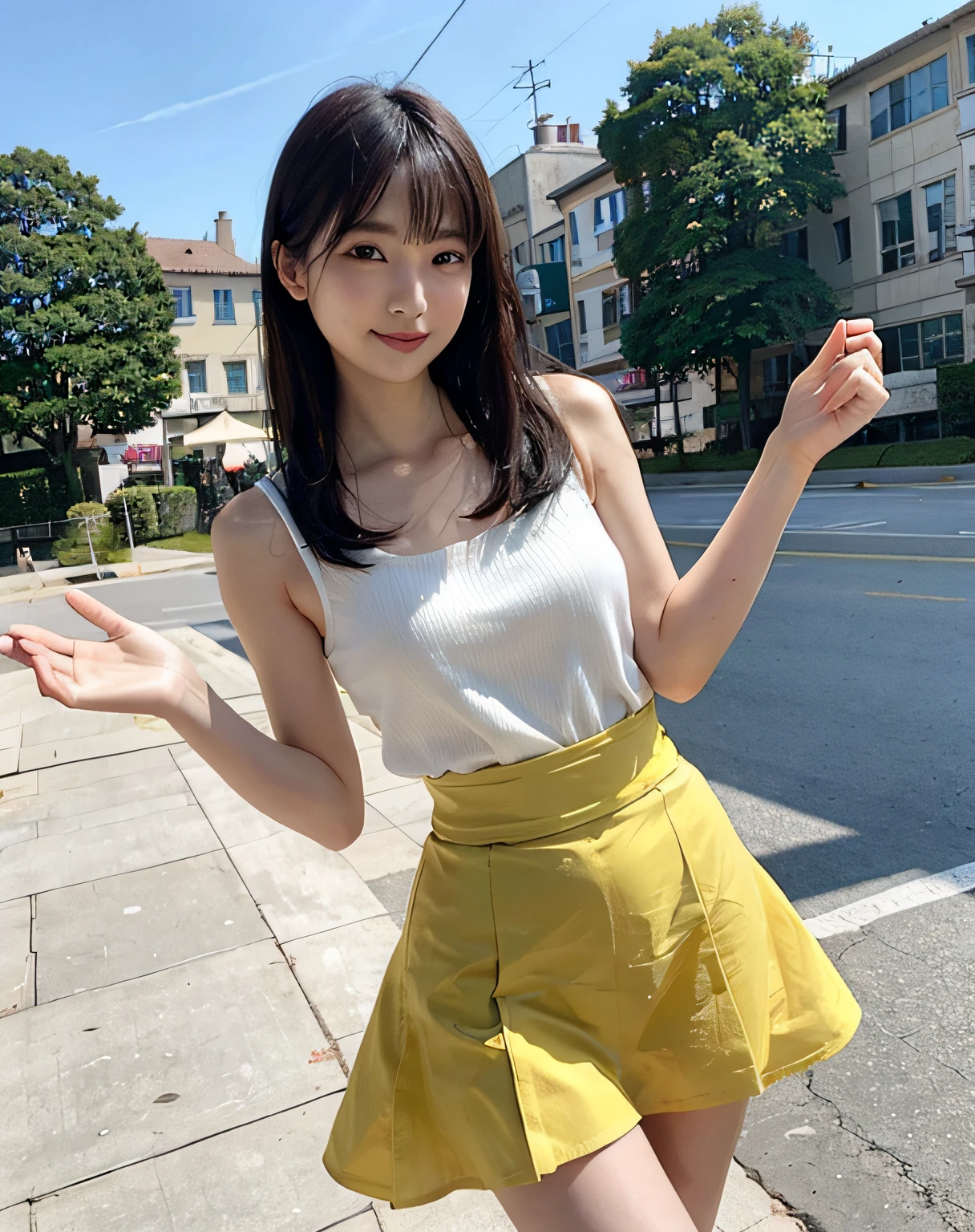 Woman posing on street corner、top-quality、女の子 1 a person、middlebreasts、tag、with light glowing、blur backgroun、bokeh dof、outside of house、(Street:0.8)、(a person々、Large crowds:1、A slender、large full breasts、Sleeveless、White camisole、Clothes that adhere perfectly to the body、Watching the viewer、Yellow Super Mini Skirt、a gorgeous(Straight and shiny straight hair、Hair up to the waist、Forehead:0.8)、Beautiful sky with details、耳Nipple Ring、A slender、Sareme、 (above knee)、Soft lighting、glowy skin、A smile、The wind is blowing、