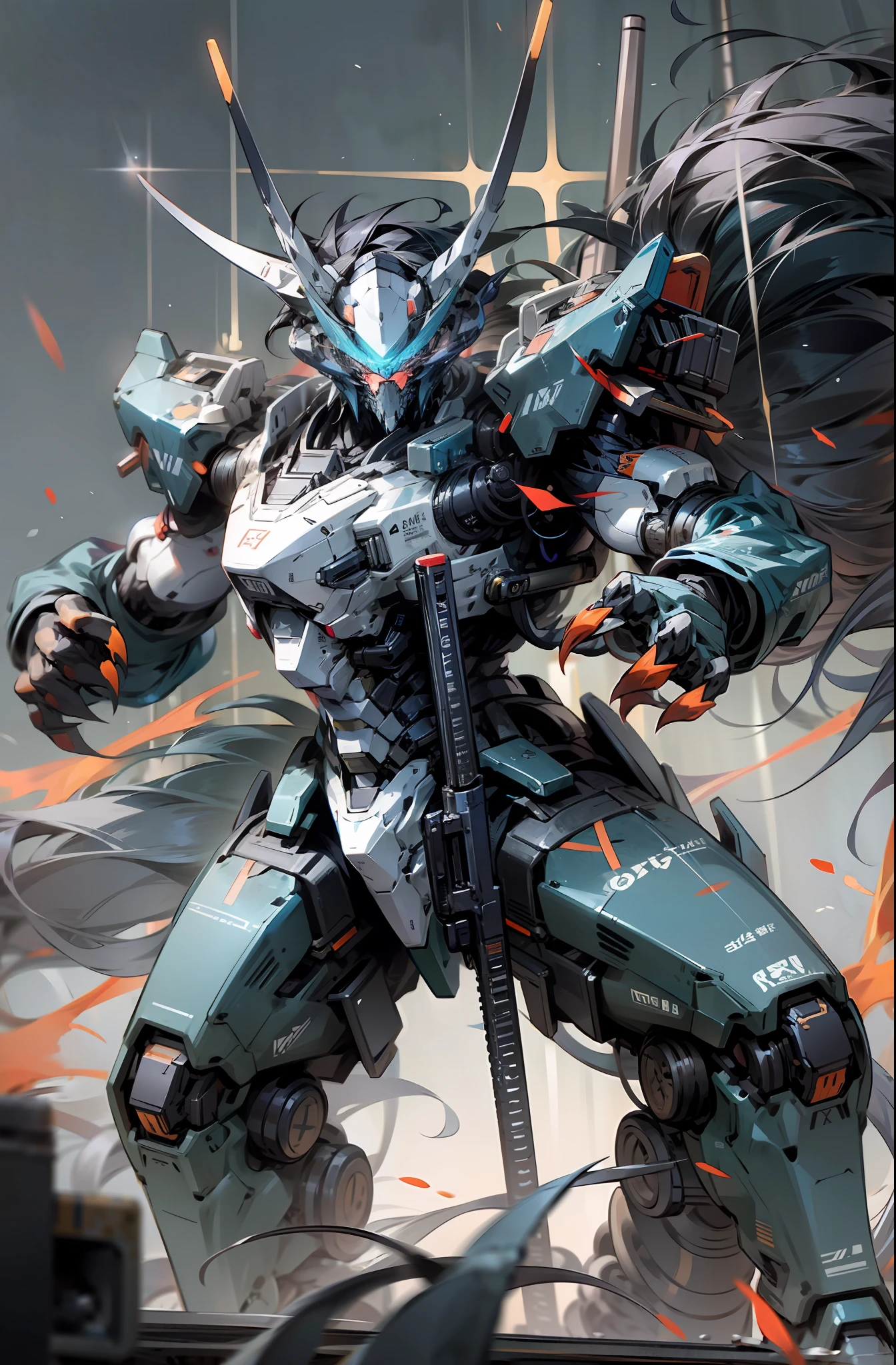 Bokeh, attack, concise, 8k wallpaper, robot, eyes glowing cross blue, mecha, Dapeng spreading its claws, holding a gun aiming at the target, black, lion, animal, look at camera, half body, ((beast))