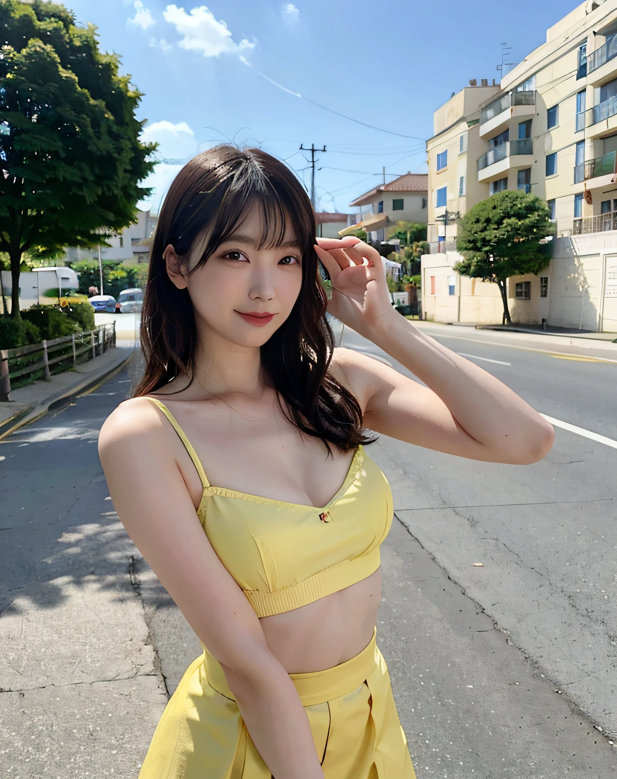 Woman posing on street corner、top-quality、女の子 1 a person、middlebreasts、tag、with light glowing、blur backgroun、bokeh dof、outside of house、(Street:0.8)、(a person々、Large crowds:1、A slender、large full breasts、Sleeveless、White camisole、Clothes that adhere perfectly to the body、Watching the viewer、Yellow Super Mini Skirt、a gorgeous(Straight and shiny straight hair、Hair up to the waist、Forehead:0.8)、Beautiful sky with details、耳Nipple Ring、A slender、Sareme、 (above knee)、Soft lighting、glowy skin、A smile、The wind is blowing、