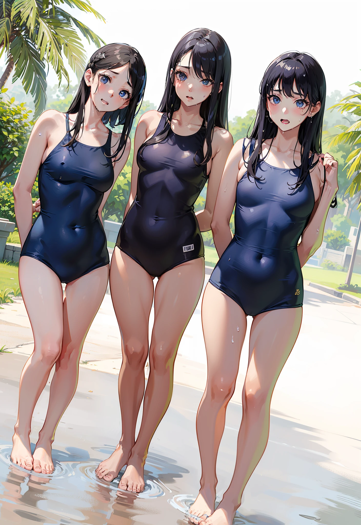 ((top-quality))、((masterpiece))、1girl in、Formal-up、beautiful detailed eyes and face、pretty skin、a very cute、22year old、School swim wear(darkblue、Simple design、Matte texture、Wrinkle、Polyester material、Nero、shadings、)Wet body、Anime Face、Beautie、Facing the front、big eye(Beautiful fece、Anime Face、Clear eyes、Fine details、Beautiful eyes)Well-formed face(Beautiful nasal muscles、Perplexed、sharp mouth)full of sweat、sodden、Wet feeling、Background with(sunny sky、takeout)、8K picture quality、perfectly proportions、A slender、red blush、female focus on, hair adornments,length hair, Look at viewers,