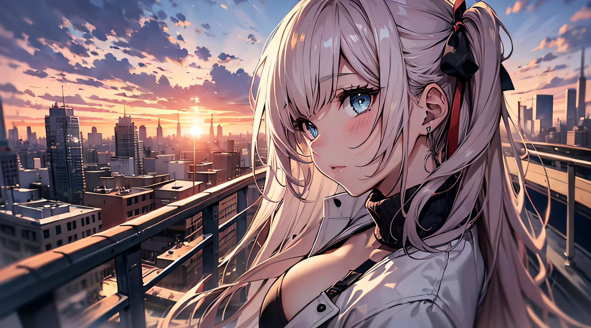 Candid Shot At Girl Picture, Volumetric Lighting, Best Shadows, Shallow Depth of Field, Portrait Of Stunningly Beautiful Girl, Delicate Beautiful Attractive Face With Alluring Sharp Blue Eyes, Sharp Eyebrows, Enjoying The Scenery, Closed Mouth, Lovely Medium Breasts, Layered Long Black Two-Side Up Hair, Windswept Hair, Hair Ribbon, Blush Eyeshadow, Thick Eyelashes, Cross On The Red Turtleneck Shirt, Long Sleeve, Slim Waist, Black Short Pleated Skirt, Thigh Gap, Black Thigh-High Stockings, Red Sky At Night, Clouds, School Rooftop, Under Red Moon, Rooftop Guardrails, Villagescape, Facing Away, Side View of Leaning On Railing, Shoulder Blades, (Highest Quality, Amazing Details:1.25), (Solo:1.3), Brilliant Colorful Paintings
