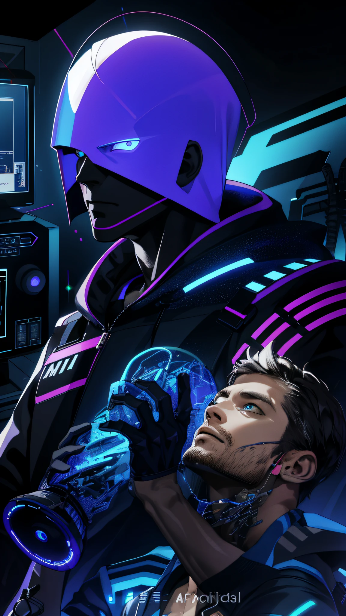 (absurdres, highres, ultra detailed), 1 male, mature, manly, tall muscular, handsome, finely detailed eyes, intricate details, portrait, looking at viewer, solo, half shot, detailed background, detailed face, (1980s synthwave theme:1.1) high-tech futuristic hacker, smirk, advanced technology, hoodie, techwear, wearable device, keycard, cables, (holographic display:1.05), computer, password, control panel in background, blue lights, dark sinister atmosphere, shadows,