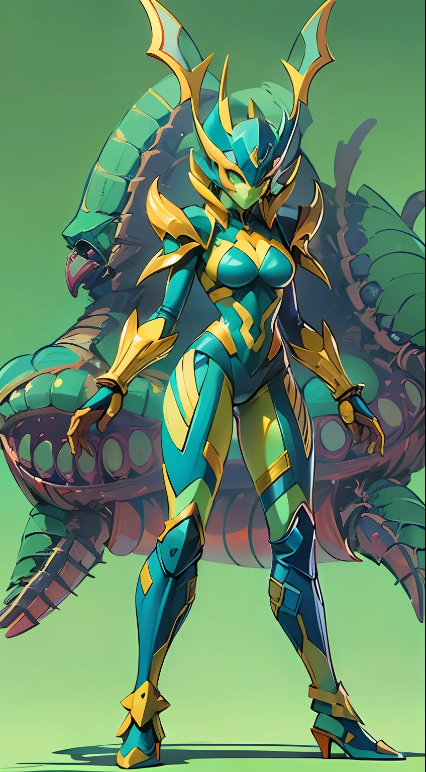 Cartoon photo of busty woman in blue and green and yellow costume、Hot insect humanoid female、Guyver Style、SFW version、Scarabeleploid、tail、Cel Shade Adult Animation、Alien Queen、Core Crystal、
