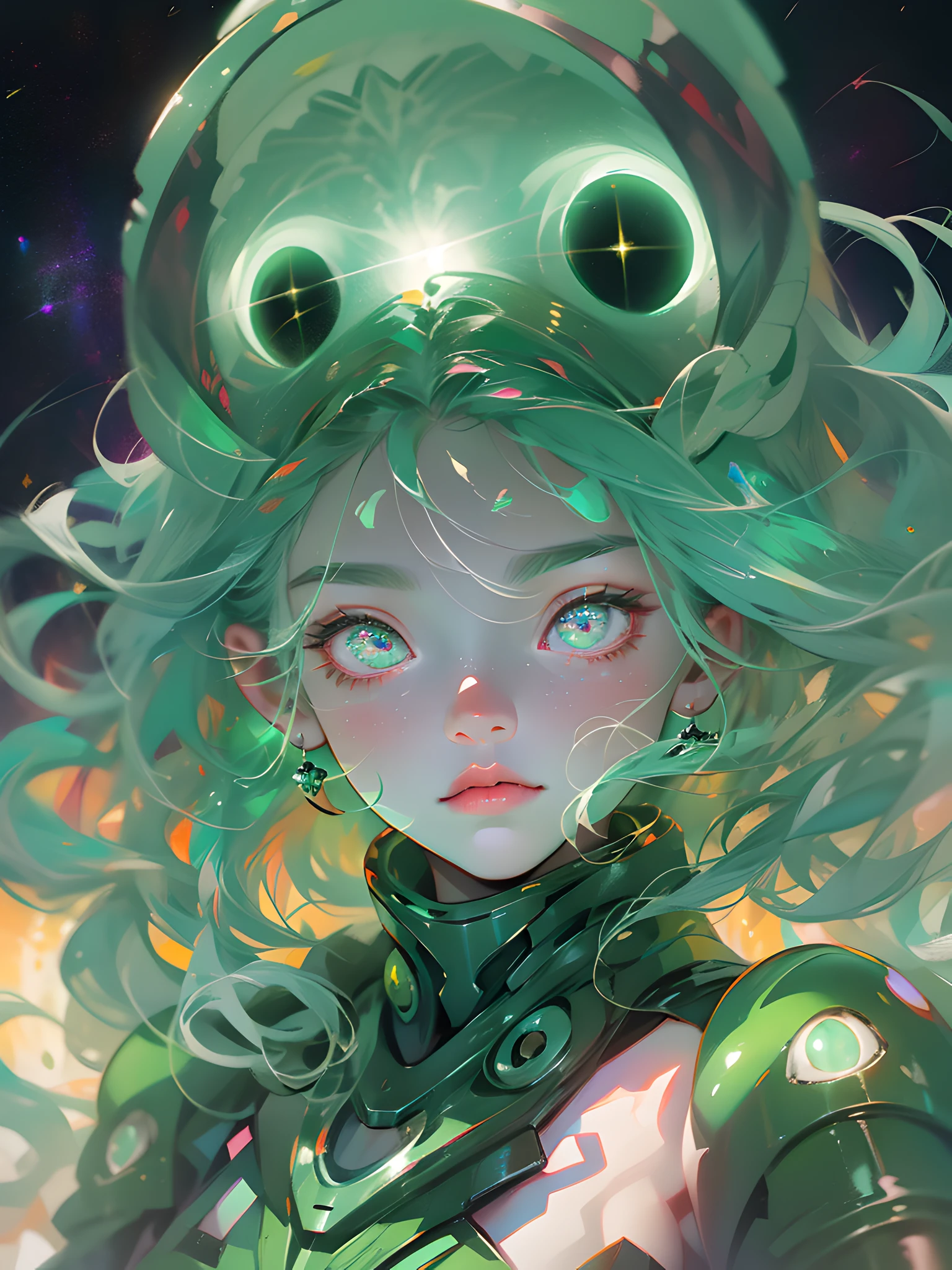 an alien、Humanoid、A spacesuit made of a material that glows like scales。big eye。Nebula swirling in the eye。Plucking green hair。Dynamic pause